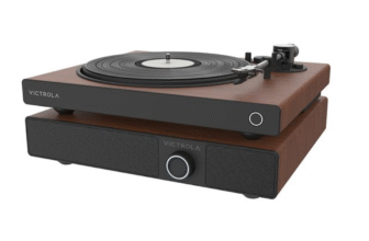 This speaker by Victrola sits beneath turntables and streams audio by way of Bluetooth
