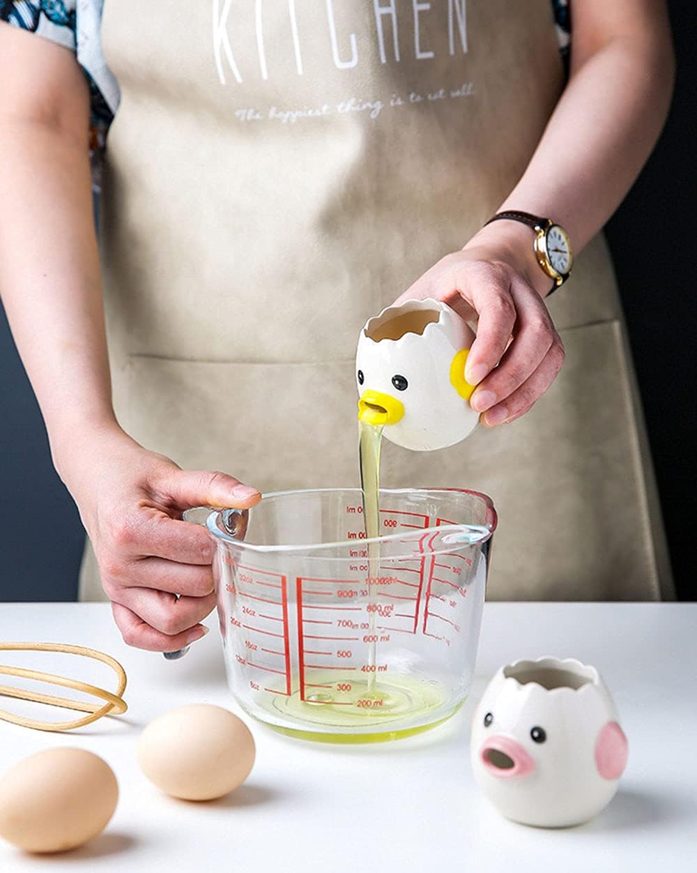 LuoCoCo Cute Egg Separator, Ceramics Vomiting Hen Egg Yolk White Separator, Sensible Family Small Egg Filter Splitter, Kitchen Gadget Baking Assistant Software, Dishwasher Protected (Yellow) - Image 5