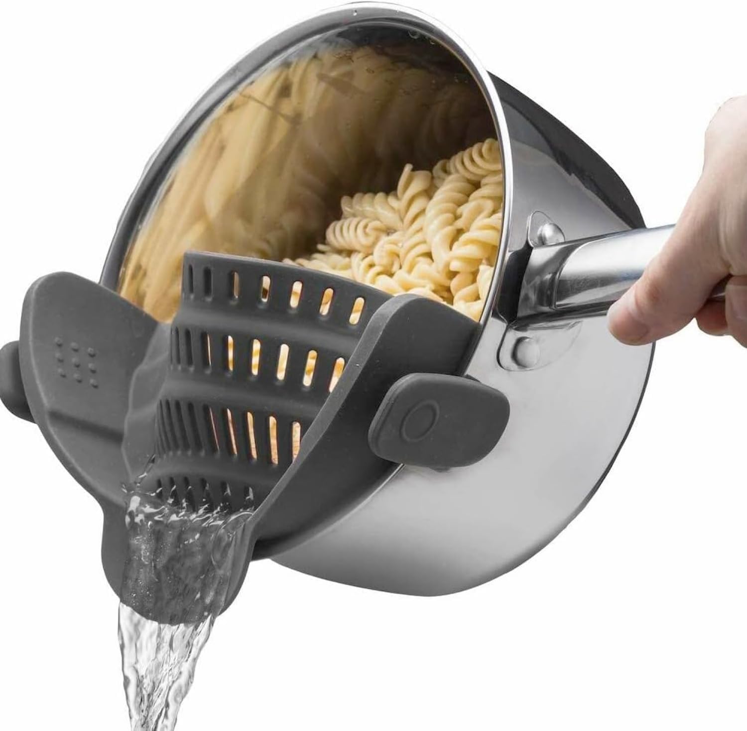 Kitchen Gizmo Snap N' Pressure - Silicone Pasta Strainer Clip-On for Pots and Pans - Warmth Resistant Colander for Greens and Noodles - Kitchen Devices for Cooking - House-Saving Design - Grey