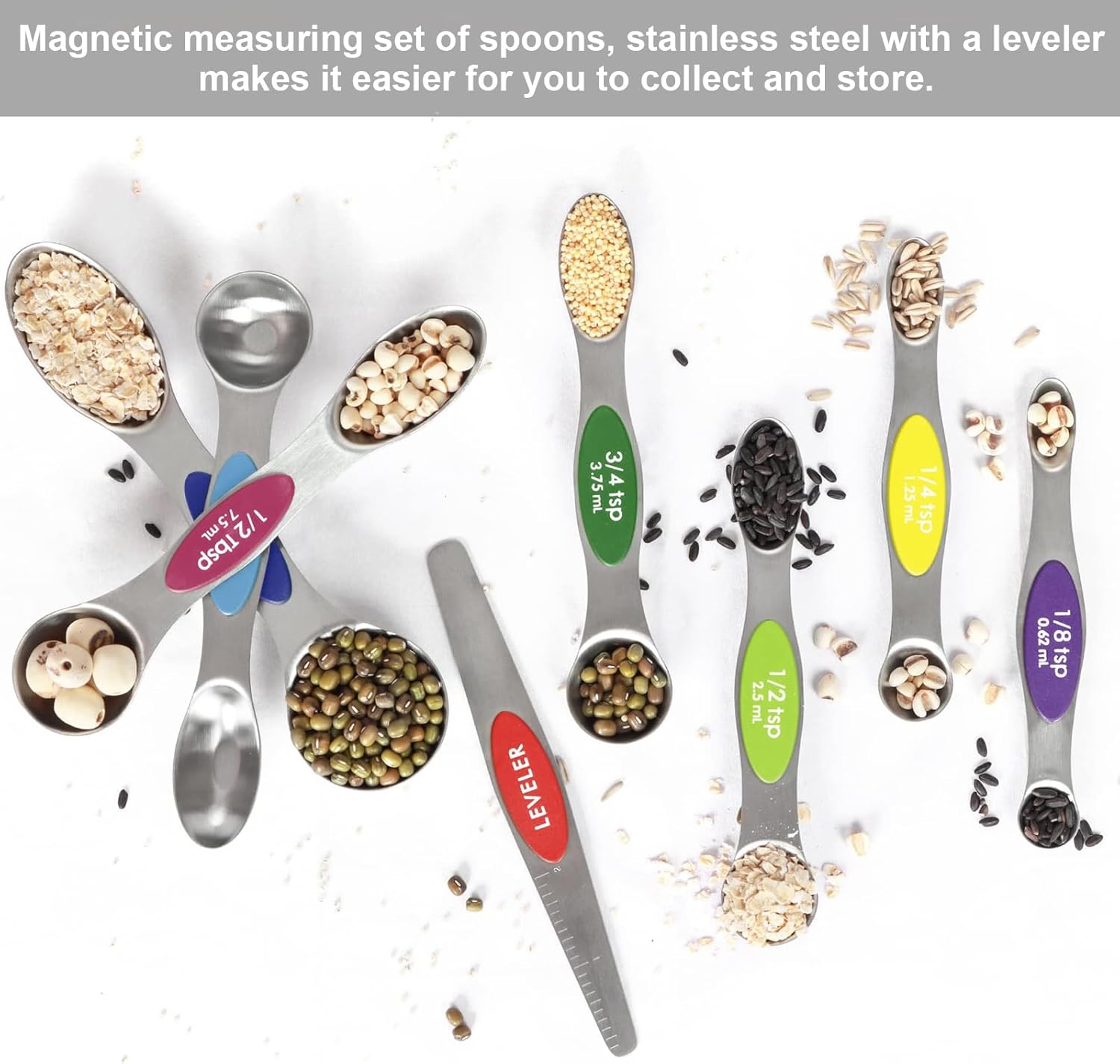 Multicolor Magnetic Measuring Spoons Set with Leveler - Stainless Metal, Stackable, Suits Spice Jars - For Baking Kitchen - Image 3