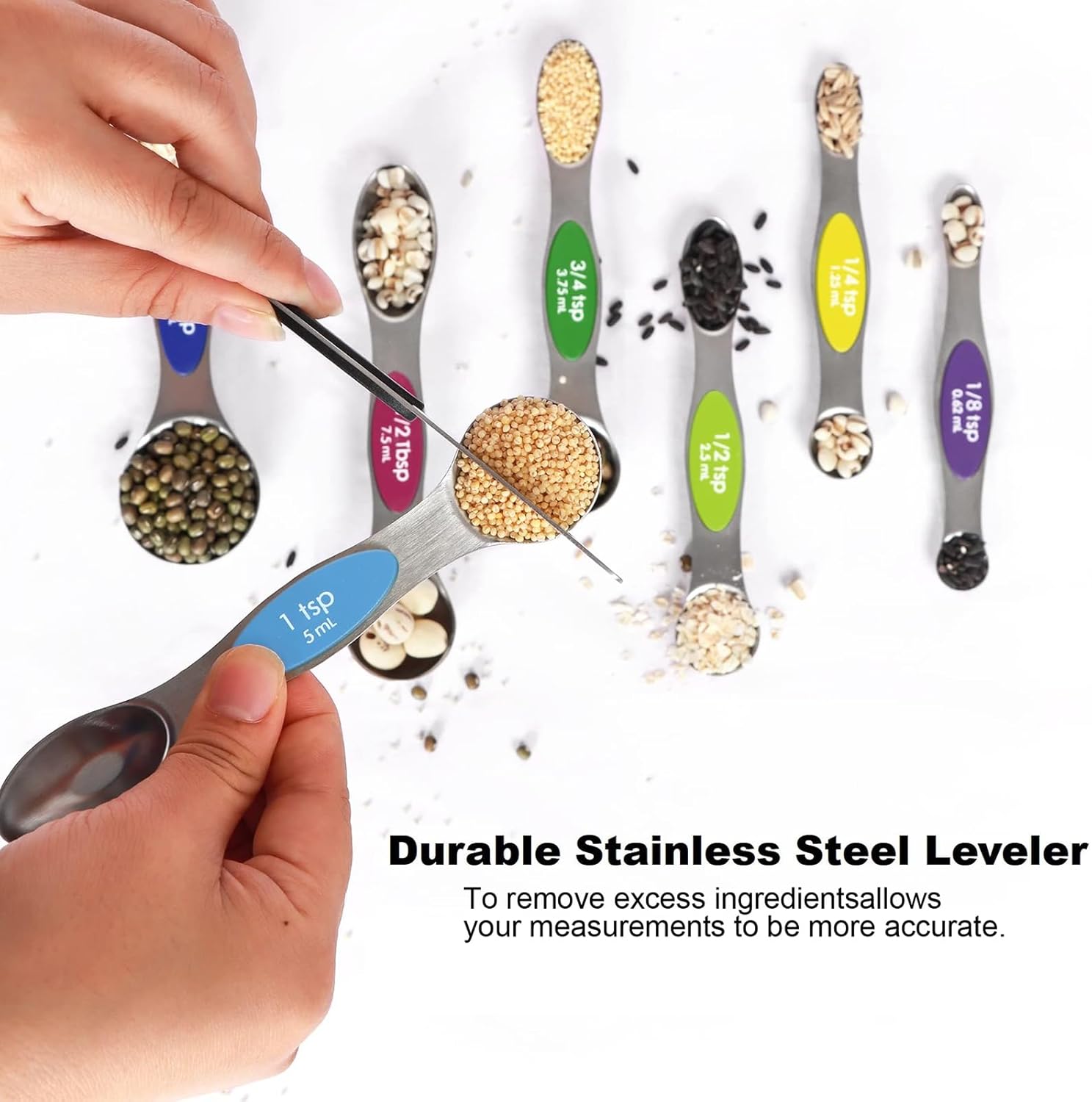 Multicolor Magnetic Measuring Spoons Set with Leveler - Stainless Metal, Stackable, Suits Spice Jars - For Baking Kitchen - Image 4