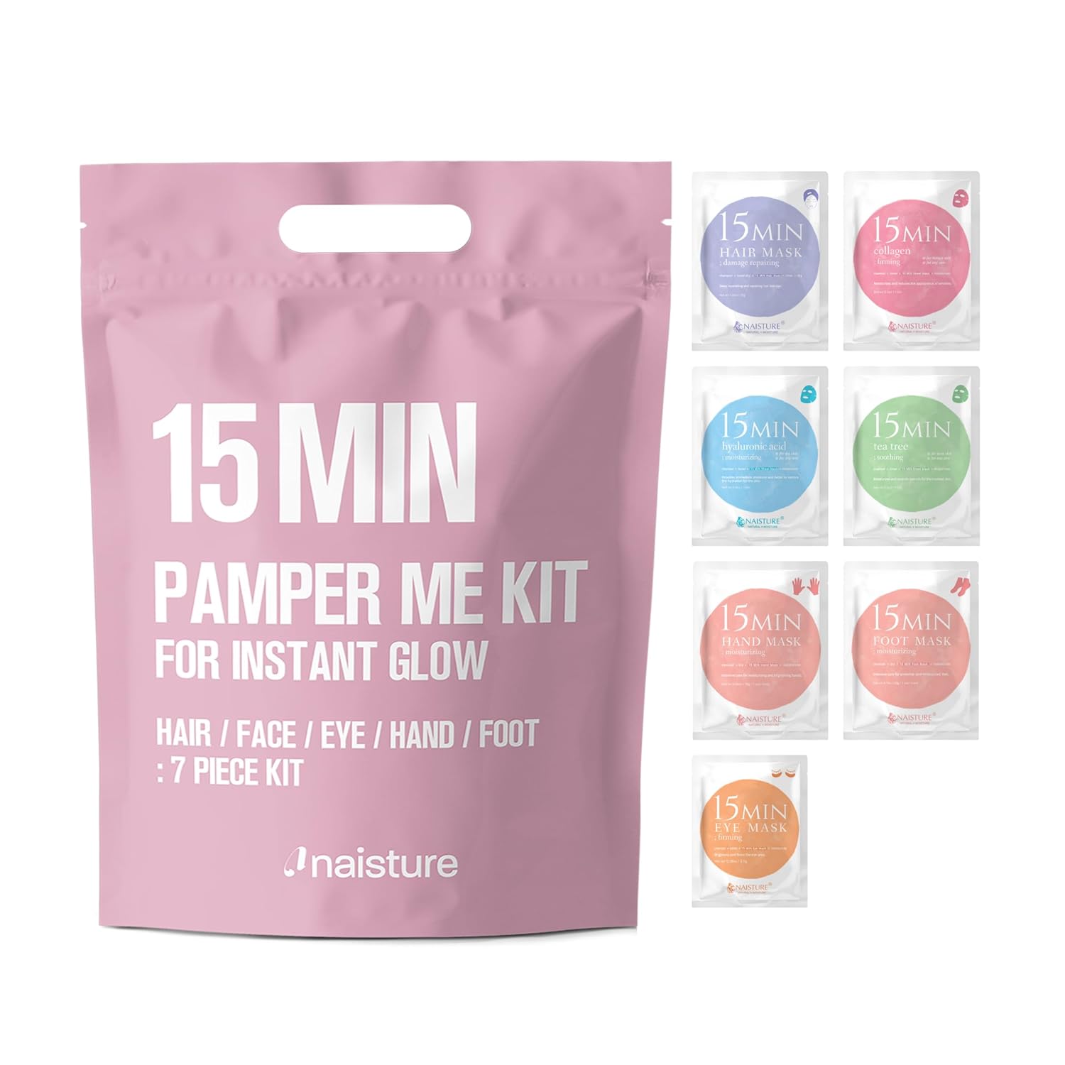 Naisture 15 Min Pamper Me Package Korean Spa Skincare Reward Set for Ladies-Head to Toe with Hair, Face, Eye, Hand, & Foot Masks (7 pcs)