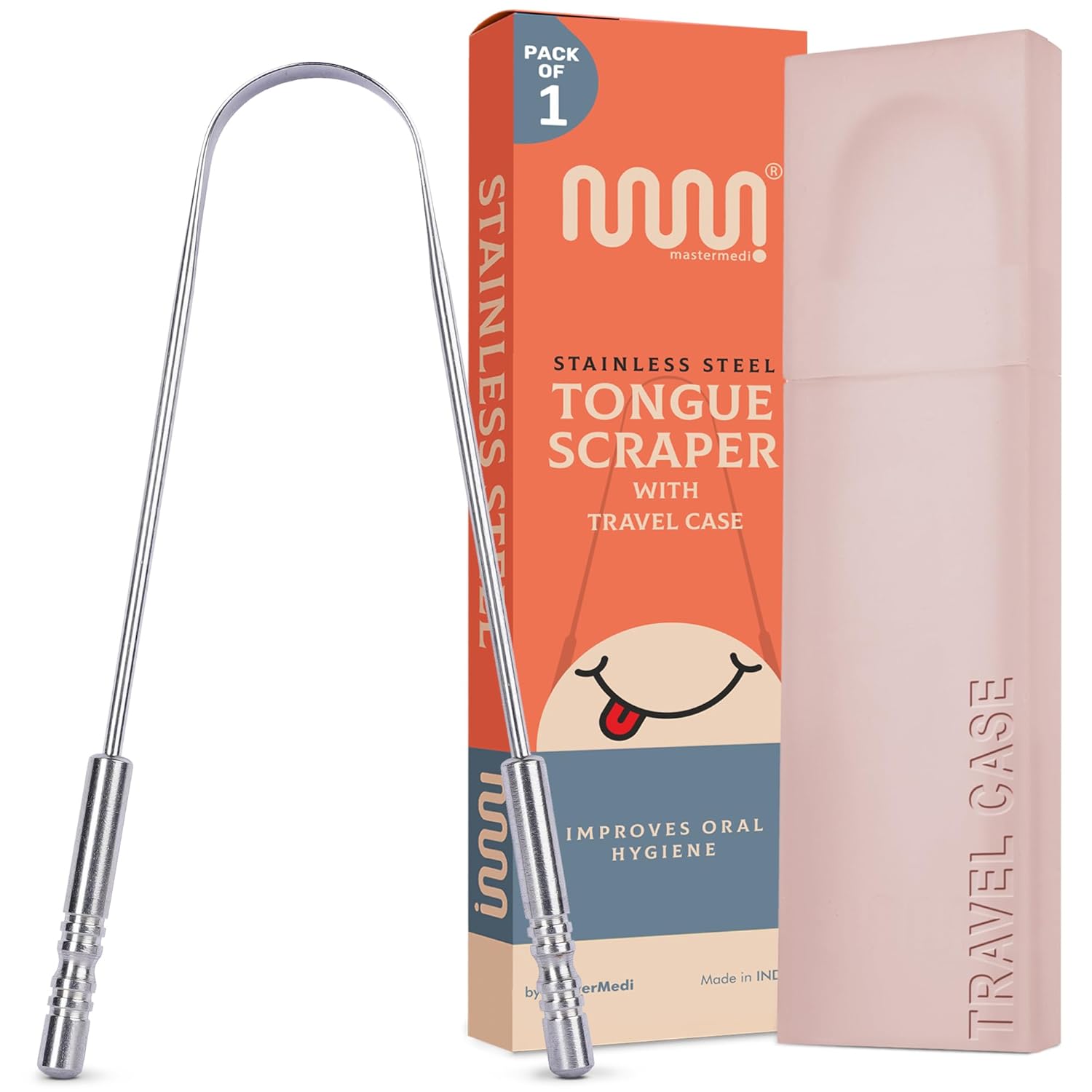 MasterMedi Tongue Scraper with Case Simple to Use Tongue Scraper for Adults, Tongue Cleaner for Oral Care & Hygiene (Single Pack (with Journey Case))