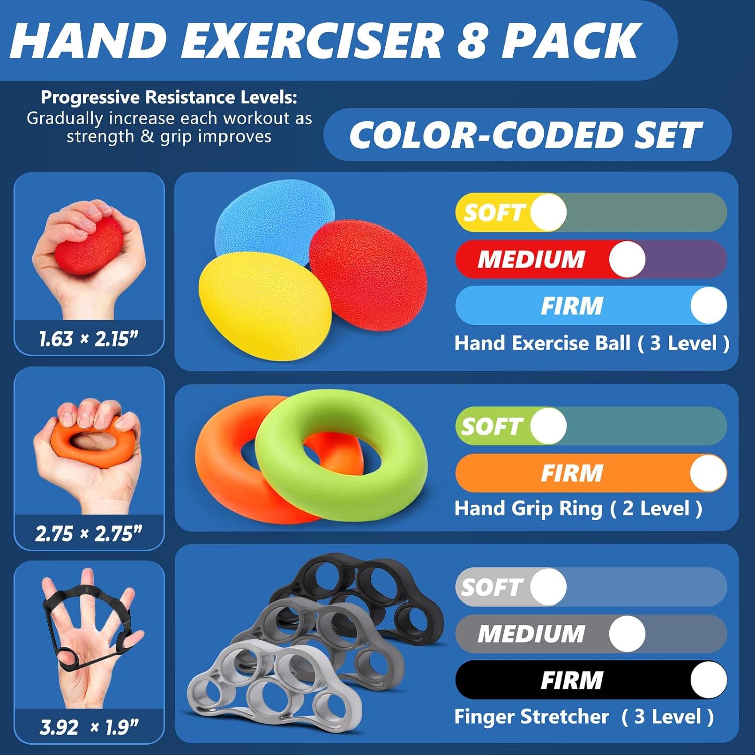 roygra Grip Energy Coach (8 Pack), Forearm Strengthener, Stress Balls for Adults, Hand Strengthening Gadgets, Wrist Finger Strengthener, Bodily Remedy Train Gear, Golf Baseball Climbing - Image 2