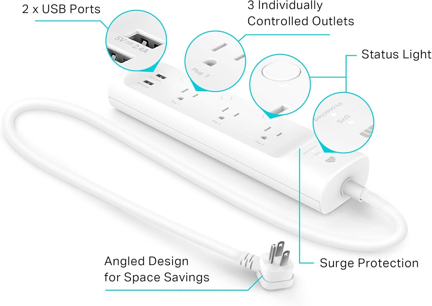 kasa sensible Plug Energy Strip KP303, Surge Protector with 3 Individually Managed Sensible Shops and a pair of USB Ports, Works with Alexa & Google Residence, No Hub Required , White - Image 3