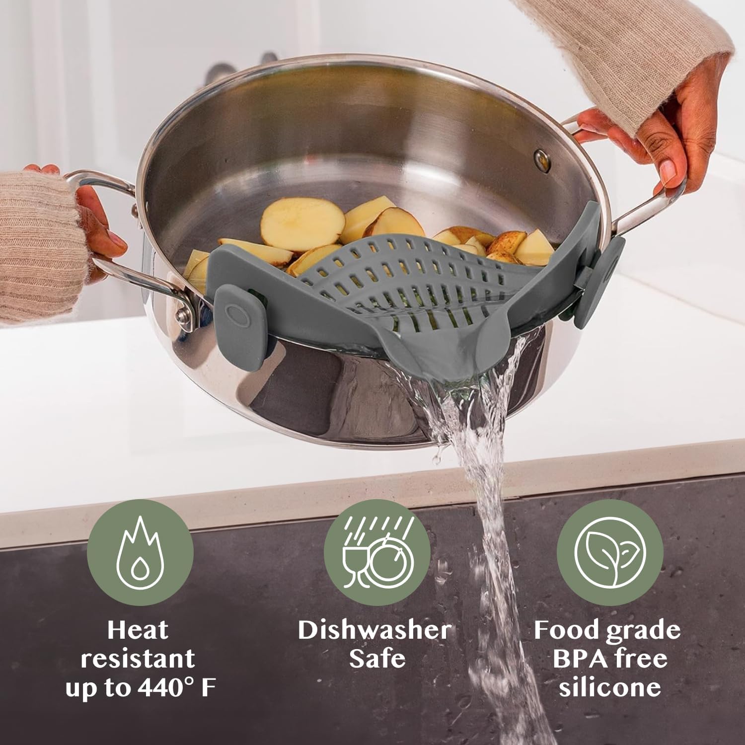 Kitchen Gizmo Snap N' Pressure - Silicone Pasta Strainer Clip-On for Pots and Pans - Warmth Resistant Colander for Greens and Noodles - Kitchen Devices for Cooking - House-Saving Design - Grey - Image 6