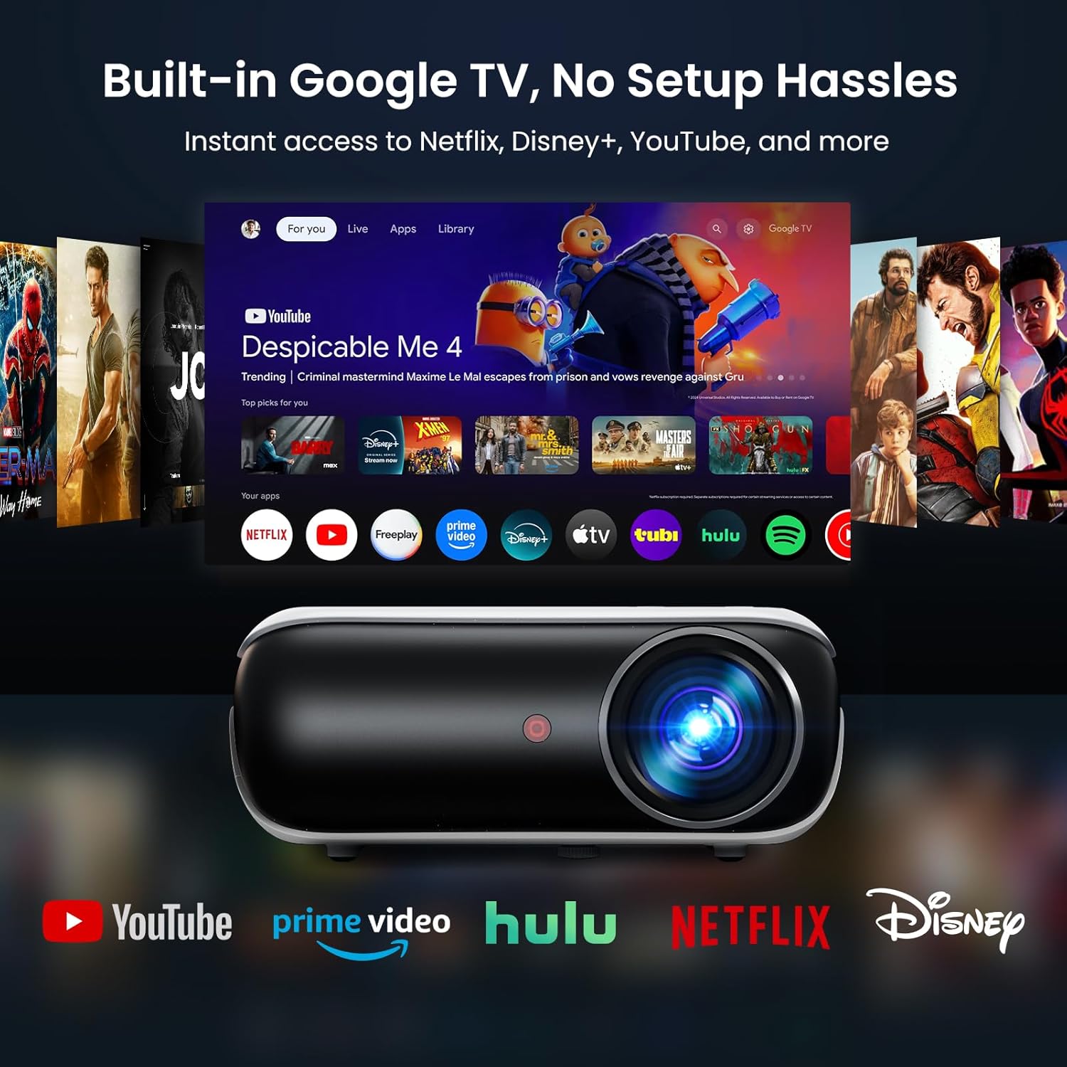 Official Licensed Google TV Sensible Projector, HAPPRUN 4K UHD Residence Theater with Dolby Sound, Wi-Fi & Bluetooth, Constructed-in Streaming Apps, Suitable with Video games Consoles & Smartphone, Indoor & Outside Use - Image 2