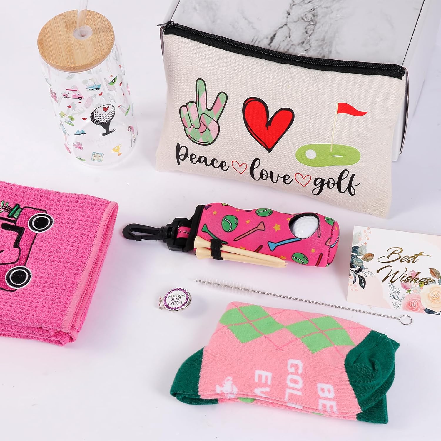 SAIWEILAI ONLINE 12 Items Golf Items for Girls Golfers Christmas Items Set with Humorous {Golfing} Can Glass Socks Towel Make-up Bag Hat Clip Bag Ball and Tee Holder - Image 6