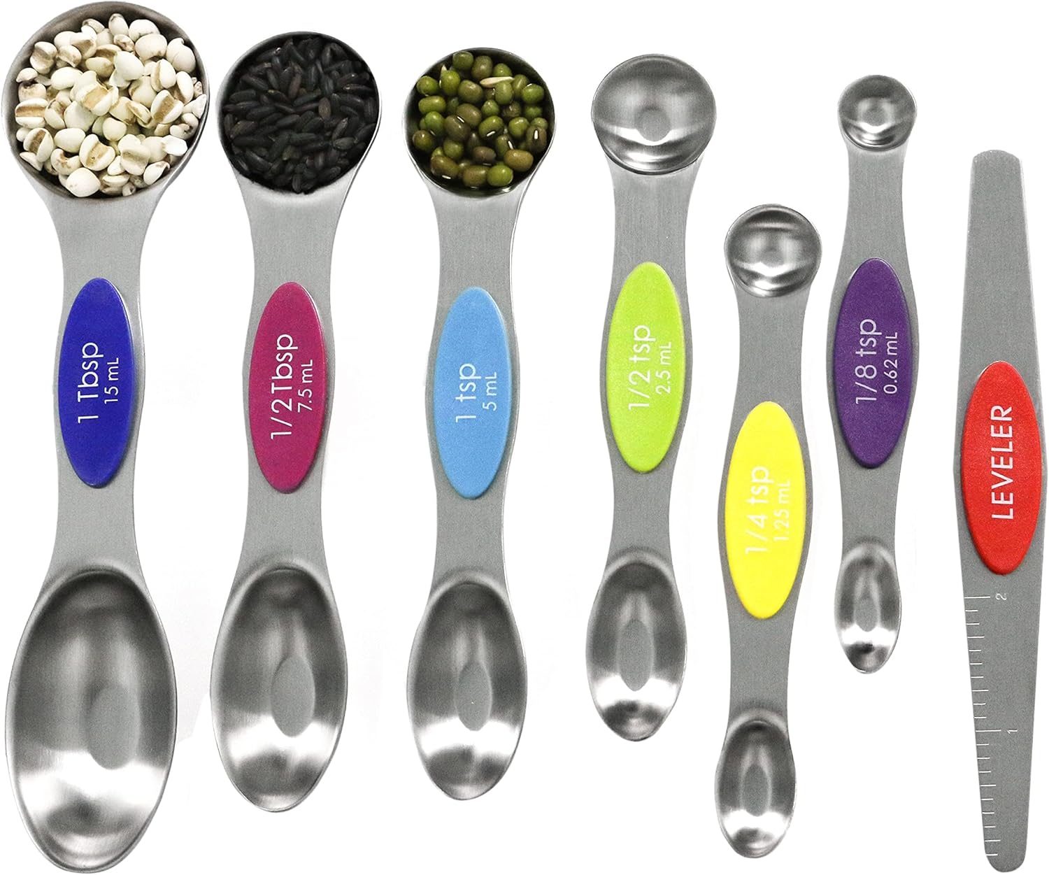 Multicolor Magnetic Measuring Spoons Set with Leveler - Stainless Metal, Stackable, Suits Spice Jars - For Baking Kitchen