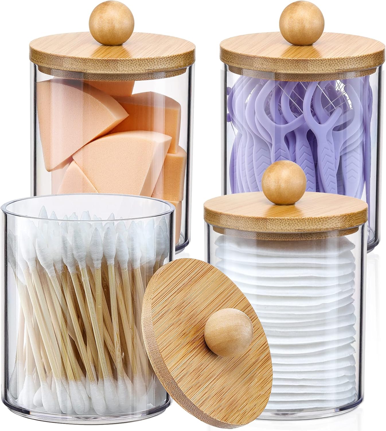 4 Pack Qtip Holder Dispenser with Bamboo Lids - 10 oz Clear Plastic Apothecary Jar Containers for Self-importance Make-up Organizer Storage - Lavatory Equipment Set for Cotton Swab, Ball, Pads, Floss
