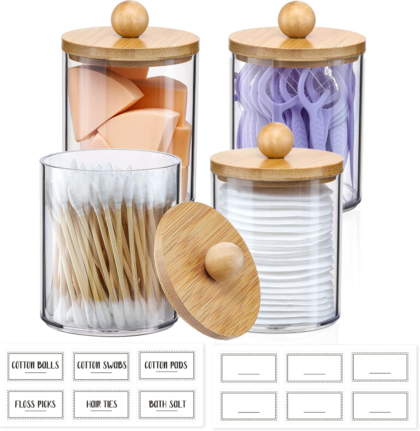 4 Pack Qtip Holder Dispenser with Bamboo Lids - 10 oz Clear Plastic Apothecary Jar Containers for Self-importance Make-up Organizer Storage - Lavatory Equipment Set for Cotton Swab, Ball, Pads, Floss - Image 2