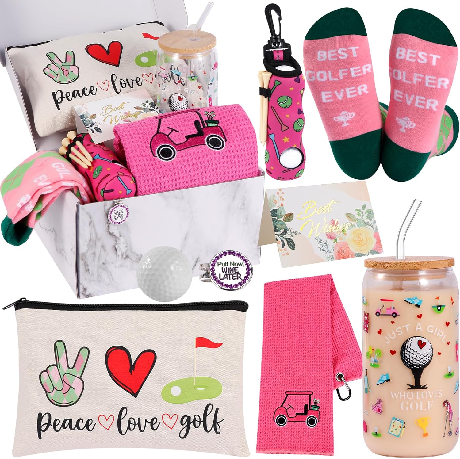 SAIWEILAI ONLINE 12 Items Golf Items for Girls Golfers Christmas Items Set with Humorous {Golfing} Can Glass Socks Towel Make-up Bag Hat Clip Bag Ball and Tee Holder
