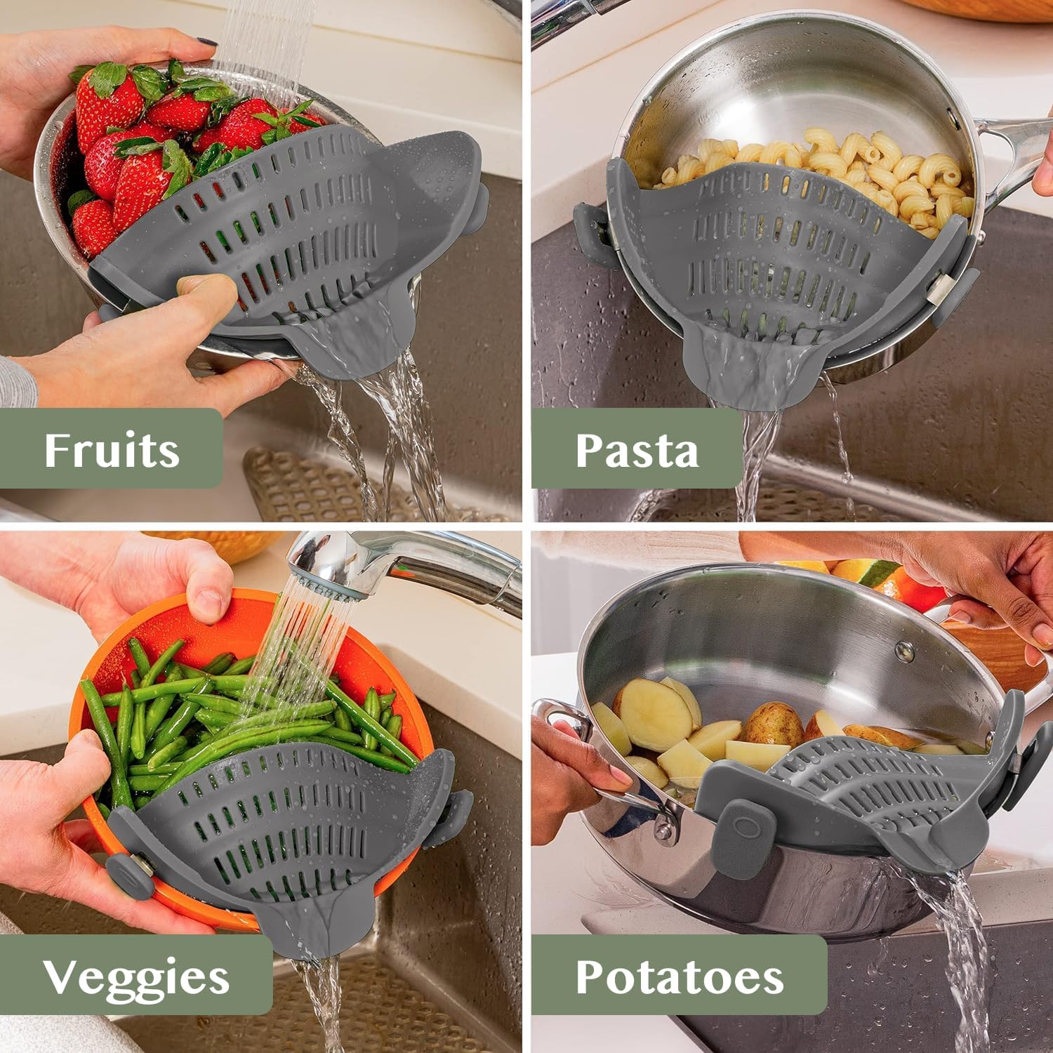 Kitchen Gizmo Snap N' Pressure - Silicone Pasta Strainer Clip-On for Pots and Pans - Warmth Resistant Colander for Greens and Noodles - Kitchen Devices for Cooking - House-Saving Design - Grey - Image 8