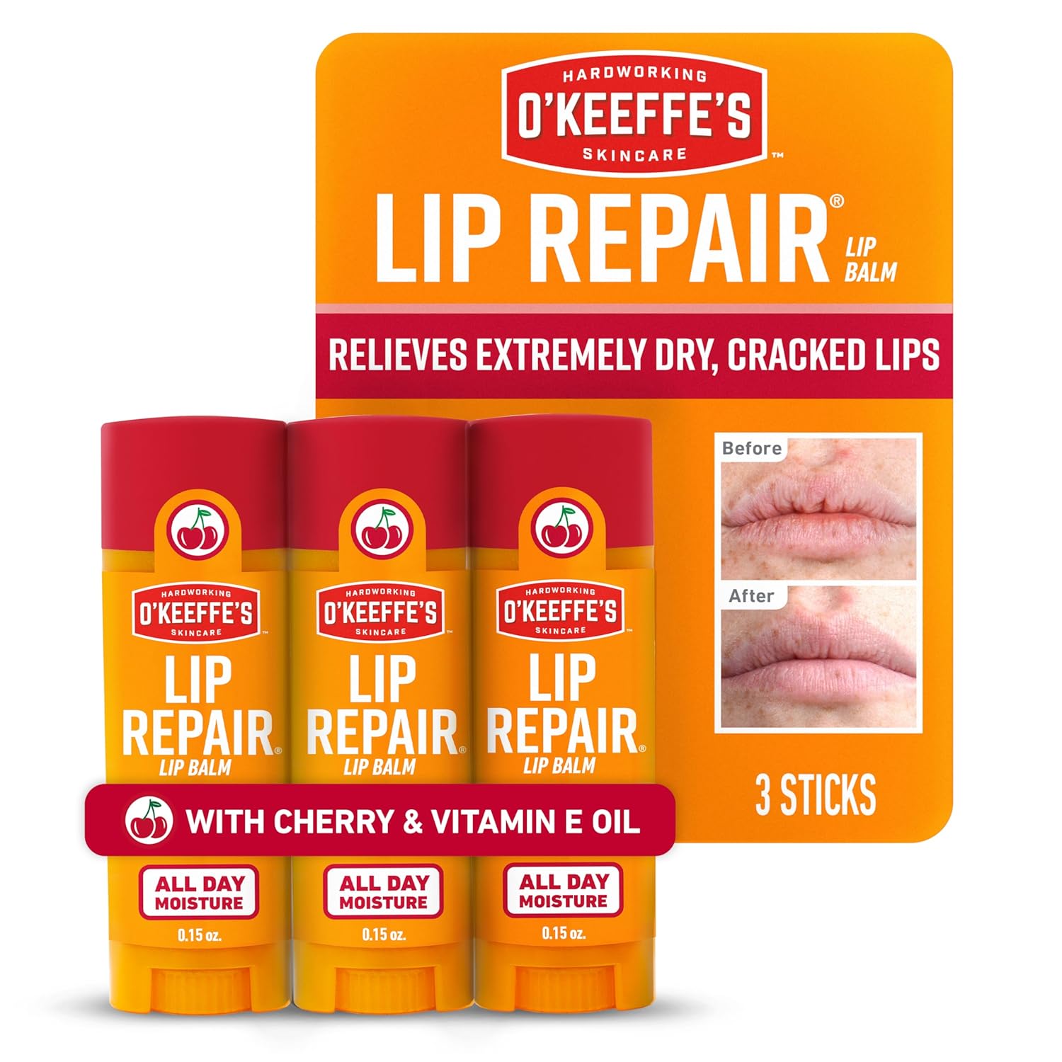 O'Keeffe's Lip Restore Lip Balm with Cherry & Vitamin E Oil - Stick (3 Pack) - Moisturizer for Extraordinarily Cracked, Dry Lips