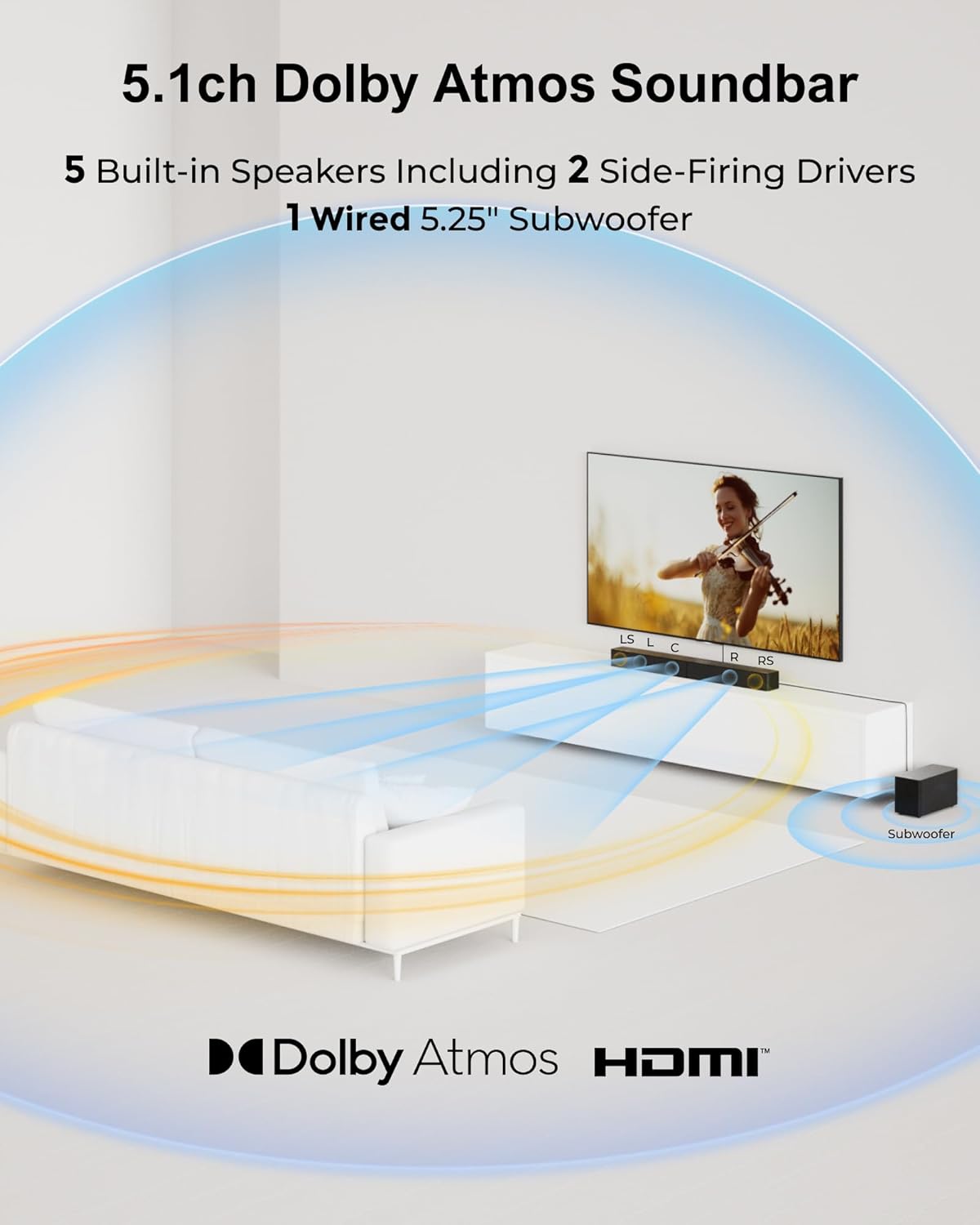 ULTIMEA 5.1CH Encompass Sound Bar with Subwoofer, Dolby Atmos, VoiceMX, BassMX, APP, 300W Soundbar for Sensible TV, House Theater Encompass Sound System for TV, BT 5.4, Poseidon M60 (2025 Mannequin) - Image 3