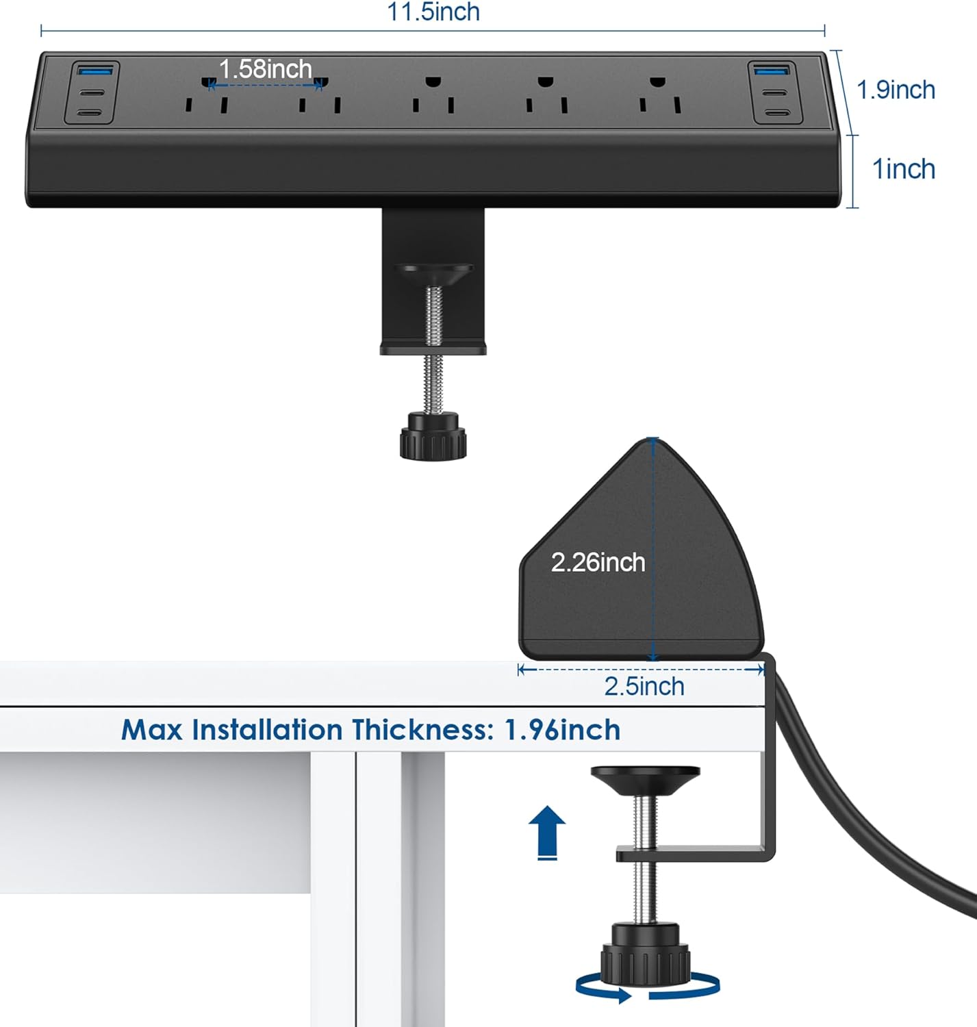 Jgstkcity Desk Clamp Energy Strip USB C,40W Whole Quick Charging Station,4 PD 20W USB C Ports,Desk Edge Mount Surge Protector,5 Shops,Match 1.96" Tabletop Edge,ETL Listed - Image 7