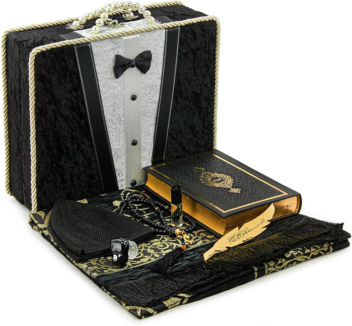ihvan on-line, Muslim Prayer Rug Set, Arabic Quran, Prayer Beads, Mens Kufi Hat, Tasbeeh Counter, Islamic Scent, Dowry Reward Field for Males & Girls, Janamaz, Salah Mat Presents Set Marriage ceremony, Ramadan, Black