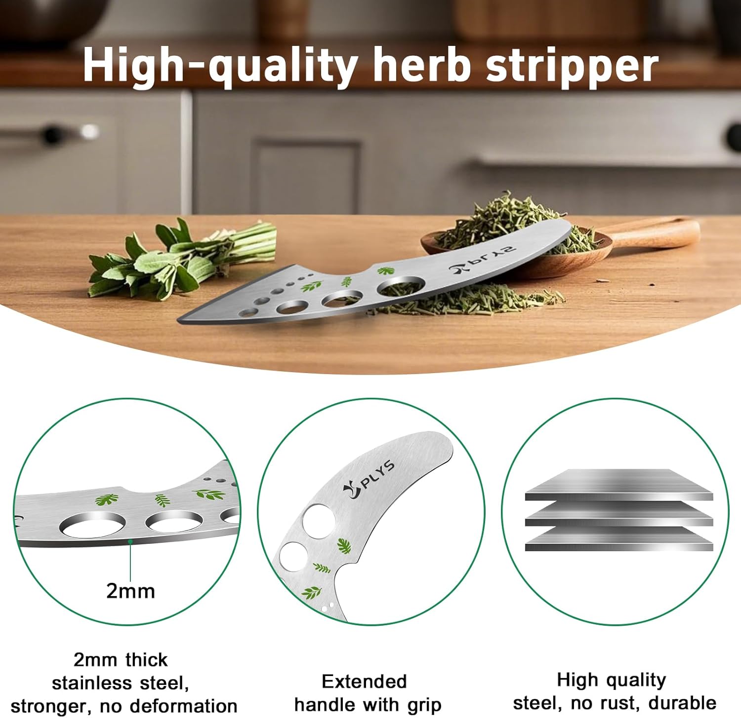 Plys Herb Stripper Software 9 Holes - Stainless Metal Kitchen Herb Stripping Software, Herb Leaf Peeler for Kale, Chard, Collard Greens, Rosemary, Thyme, Parsley and Basil, 2025 Skilled Kitchen Devices - Image 2