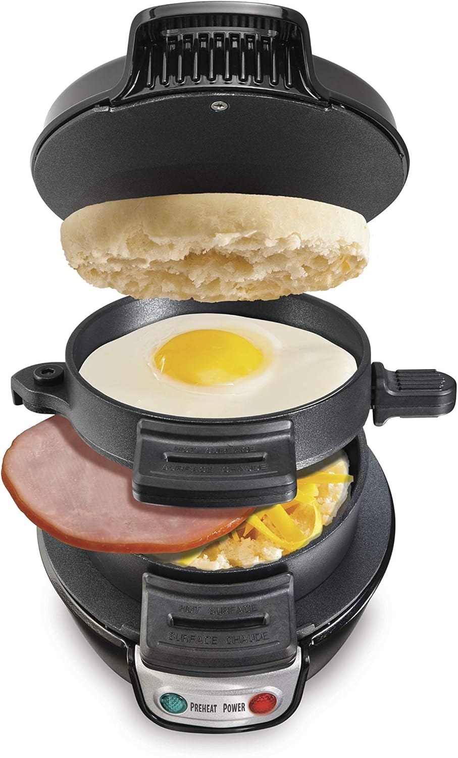 Hamilton Seashore Breakfast Sandwich Maker with Egg Cooker Ring, Customise Substances, Excellent for English Muffins, Croissants, Mini Waffles, Excellent White Elephant Items, Black (25477)