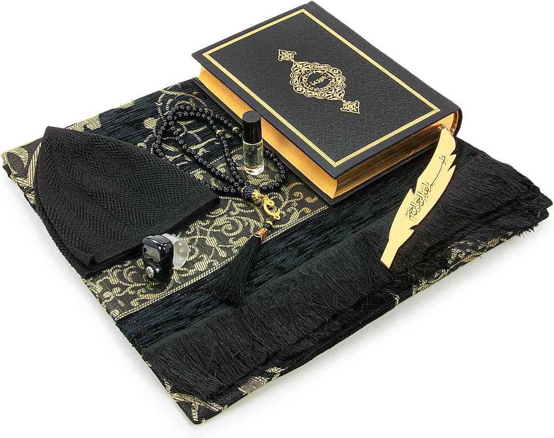 ihvan on-line, Muslim Prayer Rug Set, Arabic Quran, Prayer Beads, Mens Kufi Hat, Tasbeeh Counter, Islamic Scent, Dowry Reward Field for Males & Girls, Janamaz, Salah Mat Presents Set Marriage ceremony, Ramadan, Black - Image 4