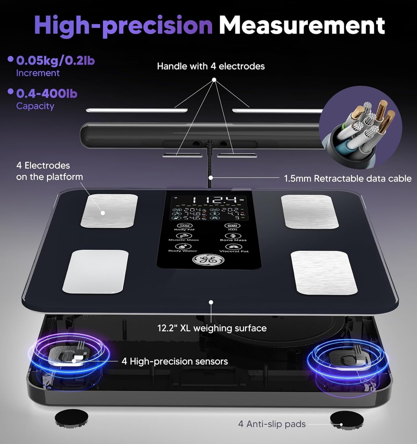 GE Sensible Scale for Physique Weight: 8-Electrode Digital Toilet Scale for Weight Fats BMI Muscle Mass Full Physique Composition Analyzer 50 Measurements Bluetooth Extremely Correct Weighing Machine 400lb Black - Image 5