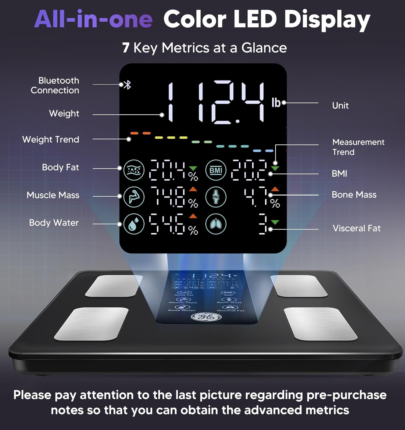 GE Sensible Scale for Physique Weight: 8-Electrode Digital Toilet Scale for Weight Fats BMI Muscle Mass Full Physique Composition Analyzer 50 Measurements Bluetooth Extremely Correct Weighing Machine 400lb Black - Image 3