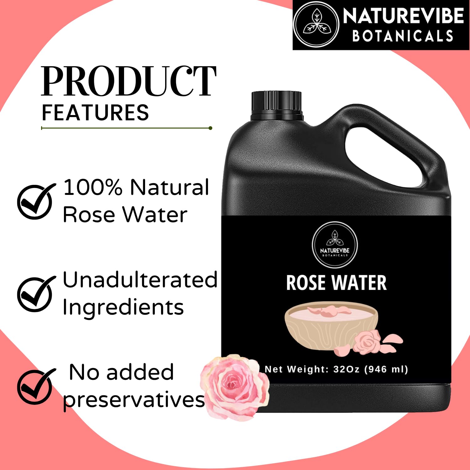 Naturevibe Botanicals Pure Rose Water Toner 32 oz Hydrating Facial Mist & Hair Spray | 100% Pure, Alcohol-Free Pores and skin Care & Make-up Setting Spray - Image 6