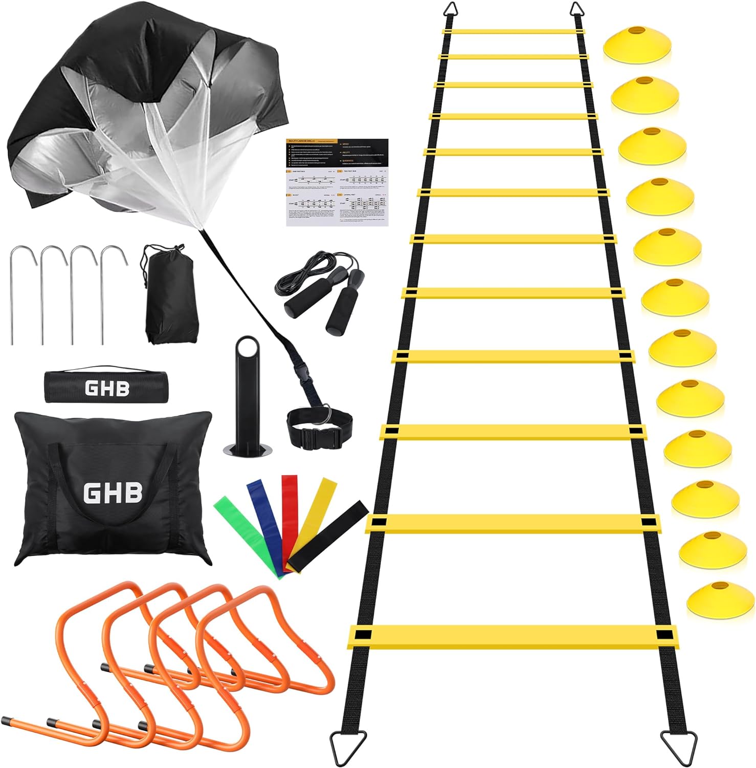 GHB Agility Ladder,Soccer Coaching Tools Set,4 Agility Hurdles, 20 feet12 Rungs Velocity Ladder,12 Disc Cones,Resistance Parachute, Leap Rope, 5 Resistance Bands - Image 8
