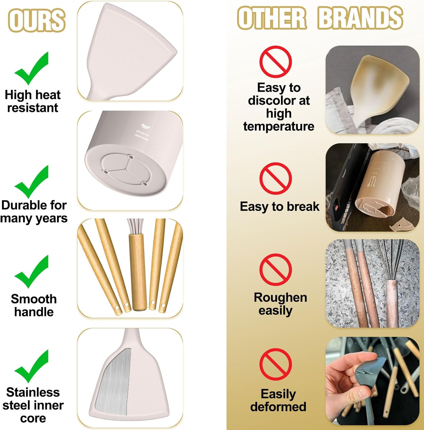 Cooking Utensils Set- Umite Chef Khaki Silicone Kitchen Utensils Set, 34PCS Warmth Resistant Kitchen Devices Instruments Set with Grater, Picket Deal with Kitchen Spatula Set for Nonstick Cookware - Image 6