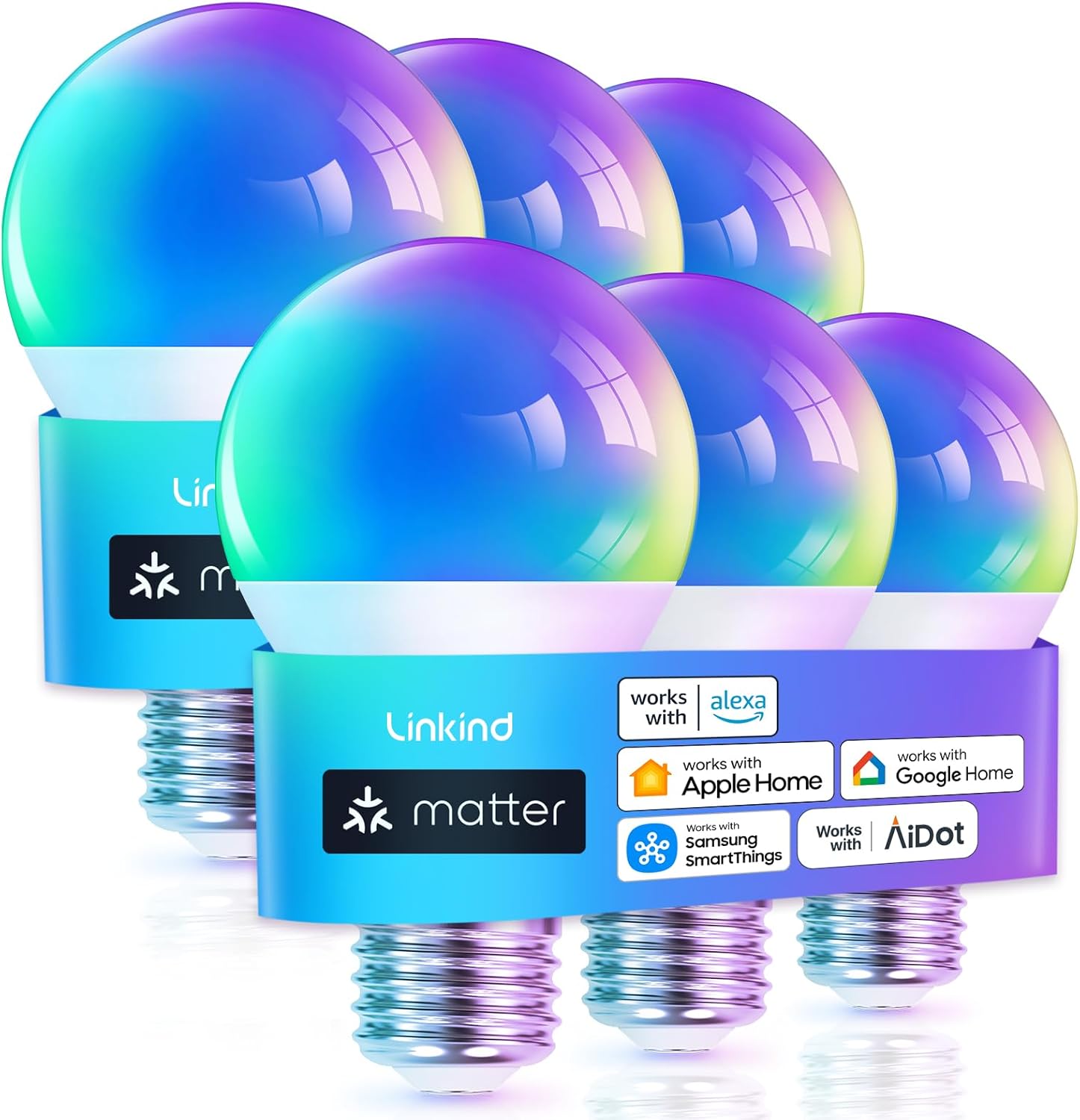 Linkind Matter Good Mild Bulb, WiFi Good Bulbs, Work with Apple House, Siri, Alexa, Google, SmartThings, RGBTW Colour Altering Bulbs Temper Lighting, Music Sync, A19 E26 60W, 2.4Ghz WiFi 6 Pack