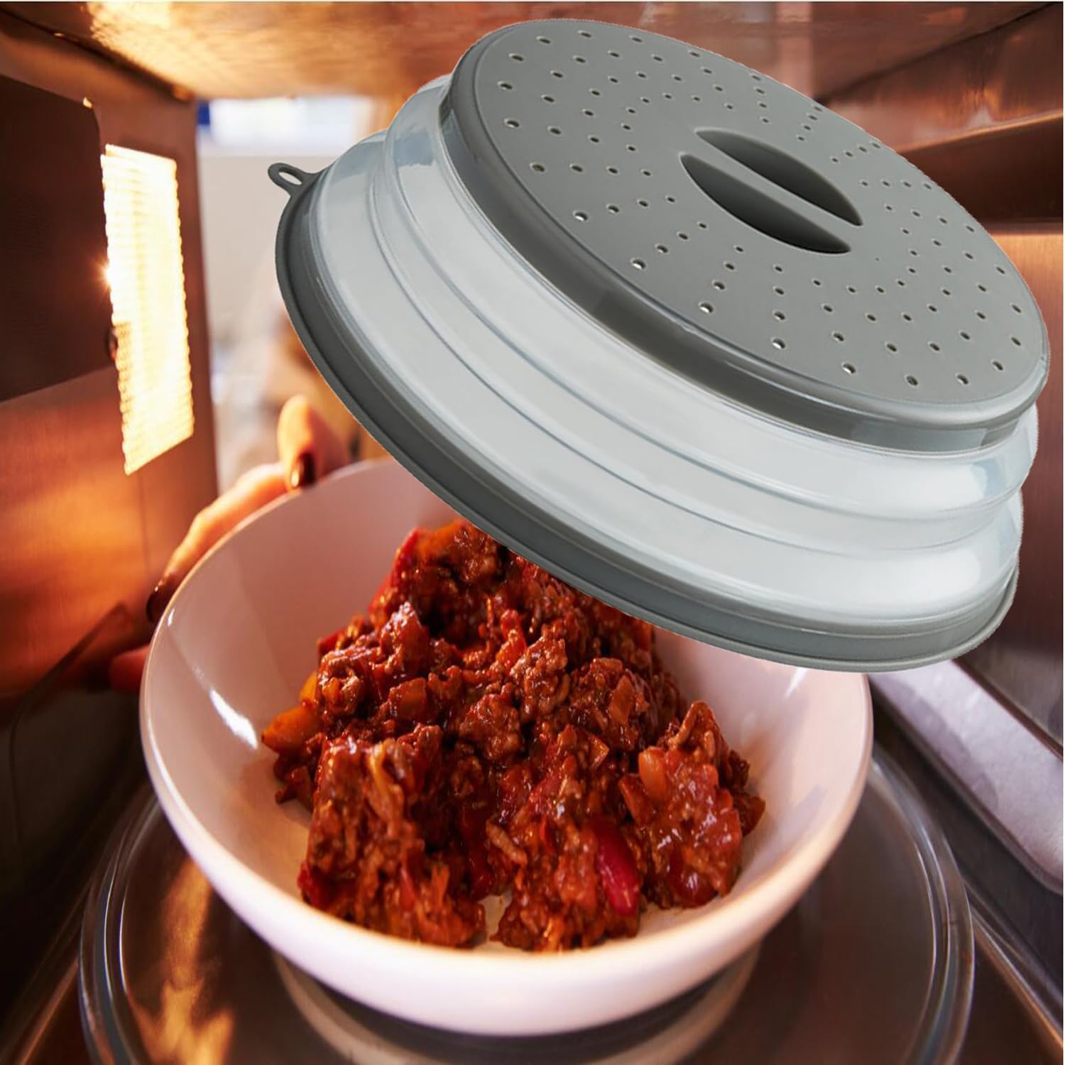 Microwave Splatter Cowl Vented for Meals, Splatter Guard & Colander Kitchen Gadget for Fruit Greens Microwave Plate Cowl with Hook Gap,Dishwasher-Secure,BPA-Free Silicone & Plastic (1 Pack) - Image 2