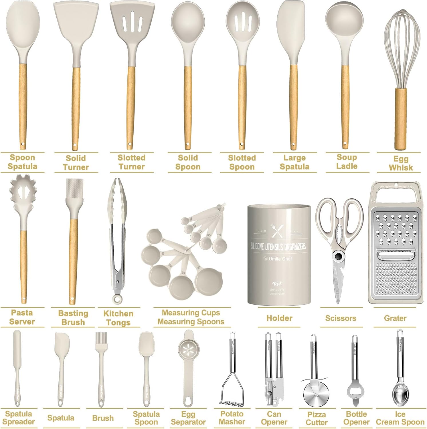 Cooking Utensils Set- Umite Chef Khaki Silicone Kitchen Utensils Set, 34PCS Warmth Resistant Kitchen Devices Instruments Set with Grater, Picket Deal with Kitchen Spatula Set for Nonstick Cookware - Image 2