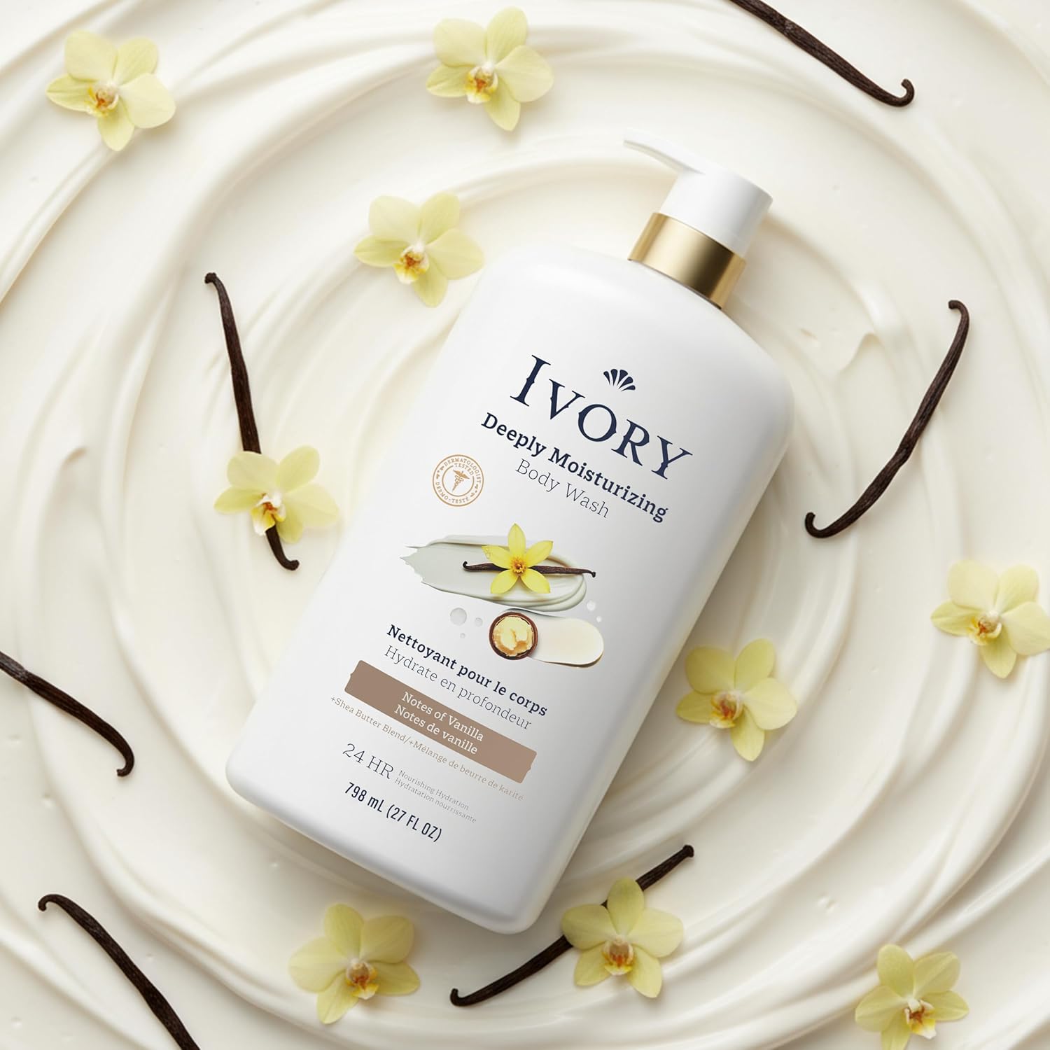 Ivory Physique Wash, Deeply Moisturizing, 24hr Nourishing Hydration, Soothes Itchy Dry Pores and skin, Made with Shea Butter Mix, Freed from Dyes Heavy Perfumes Parabens & Phthalates, Vanilla Scent, 27 oz - Image 9