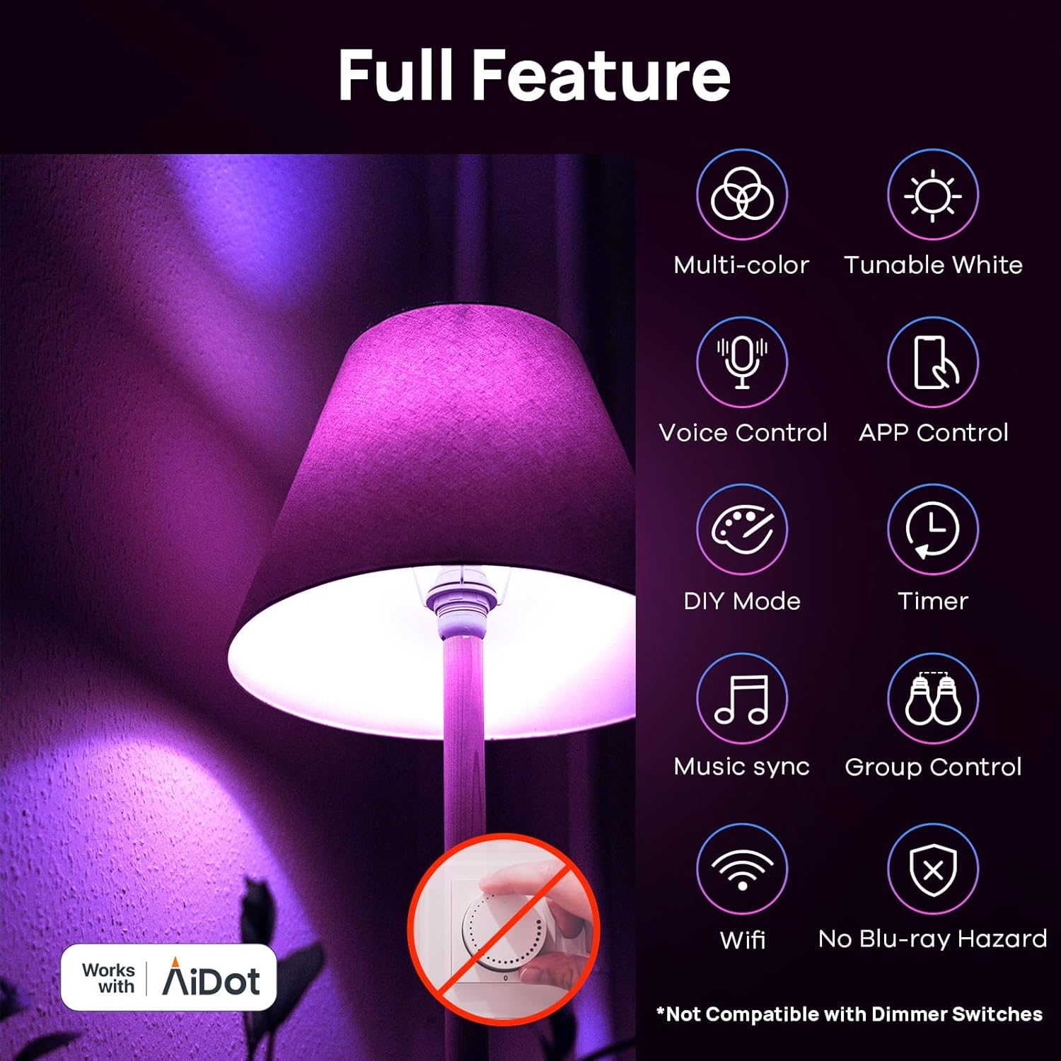 Linkind Matter Good Mild Bulb, WiFi Good Bulbs, Work with Apple House, Siri, Alexa, Google, SmartThings, RGBTW Colour Altering Bulbs Temper Lighting, Music Sync, A19 E26 60W, 2.4Ghz WiFi 6 Pack - Image 8