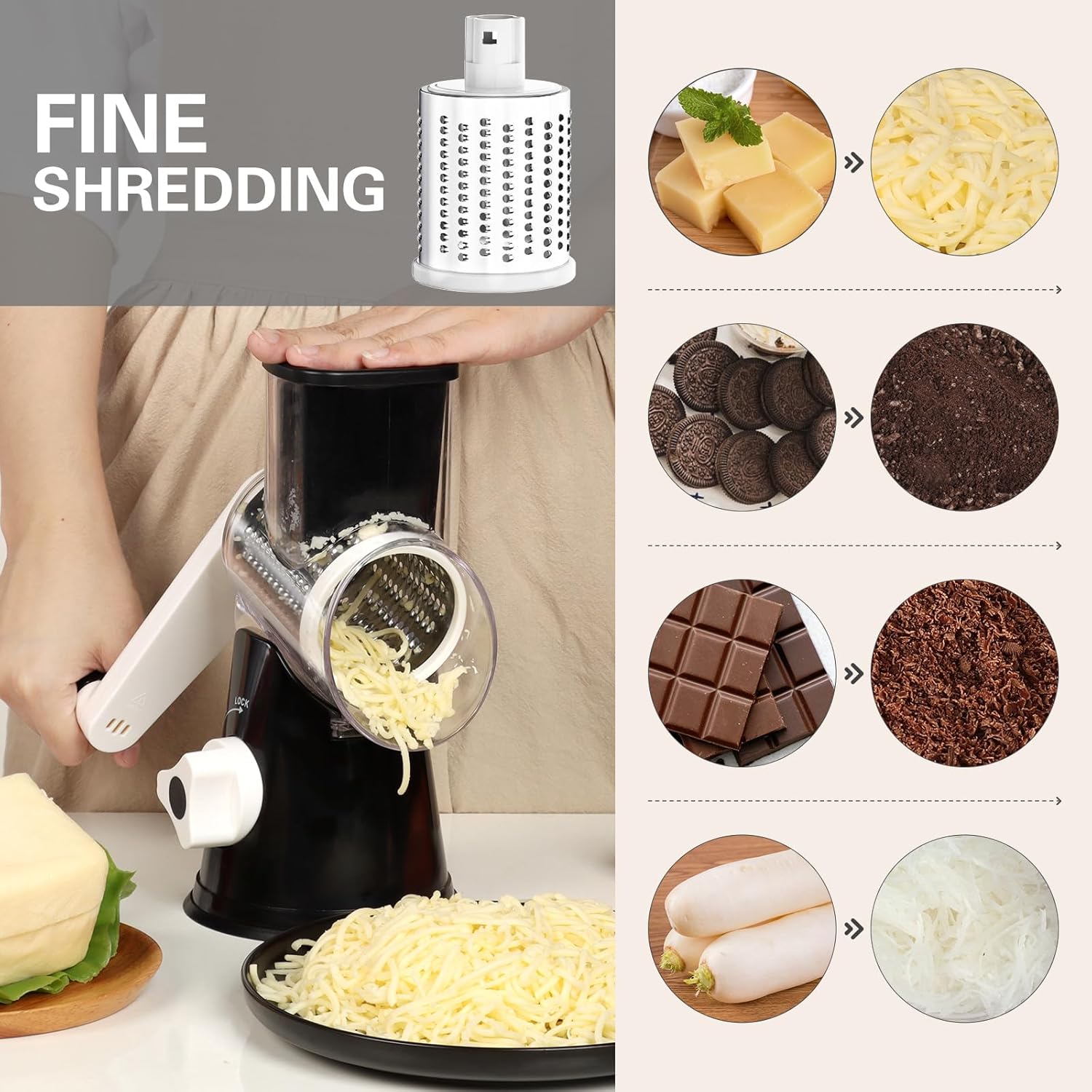 Cambom Rotary Cheese Grater Hand Crank Cheese Shredder for Contemporary Cheese, Vegetable, Nuts,Non-slip Suction Base, Free Cleansing Brush Three Blades, Black - Image 4