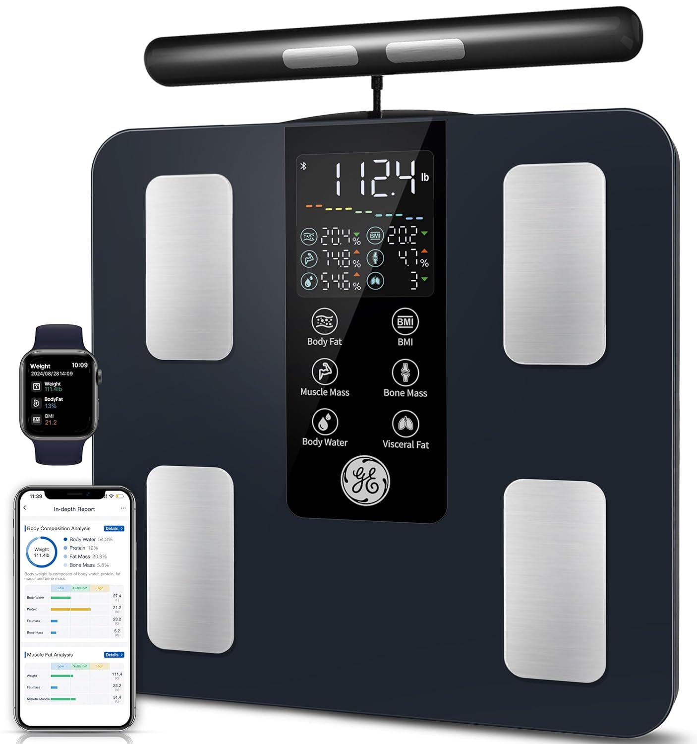 GE Sensible Scale for Physique Weight: 8-Electrode Digital Toilet Scale for Weight Fats BMI Muscle Mass Full Physique Composition Analyzer 50 Measurements Bluetooth Extremely Correct Weighing Machine 400lb Black