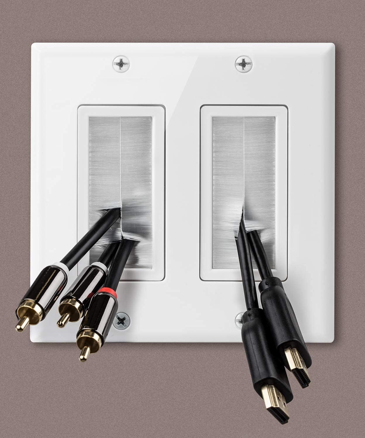 2 Gang Brush Wall Plate White Double Gang 2 outlet Cable Administration for TV Cables Coax, HDMI, Ethernet Cables, Speaker Wires, low voltage Common Move Via - Image 3