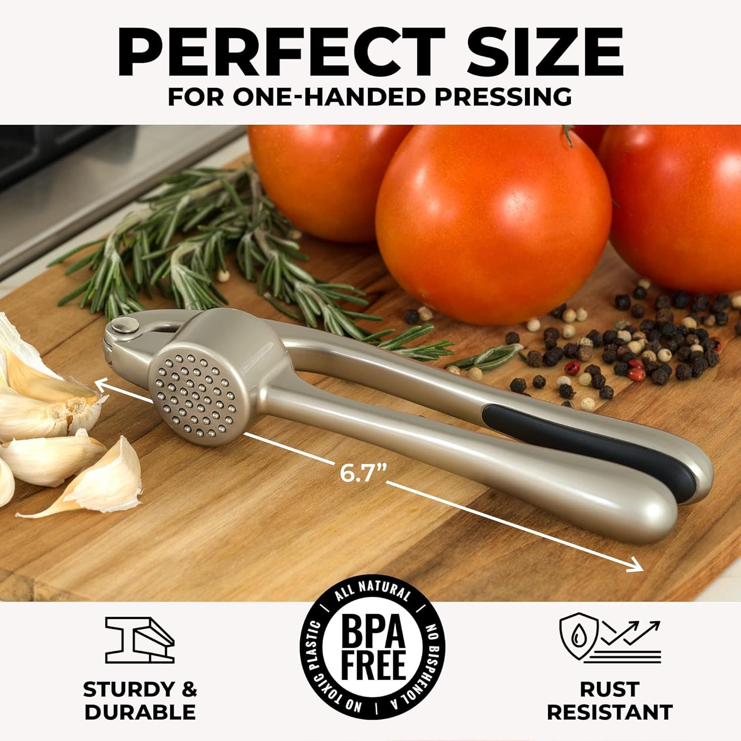 Zulay Kitchen Premium Garlic Press Set - Rust Proof Skilled Garlic Mincer Device - Straightforward-Squeeze, Straightforward-Clear with Smooth, Ergonomic Deal with - Silicone Garlic Peeler & Brush (Silver) - Image 3