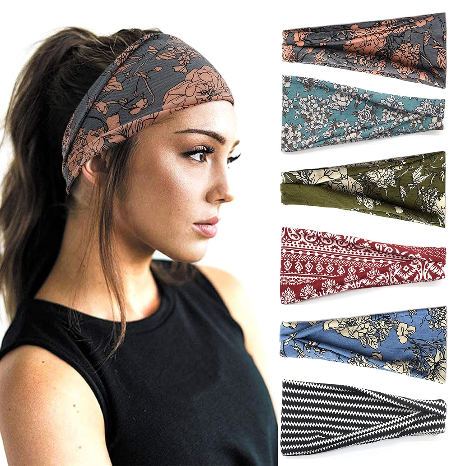 Boho Headbands For Girls Style Large Headband Yoga Exercise Head Bands Hair Equipment Band 6 Pack