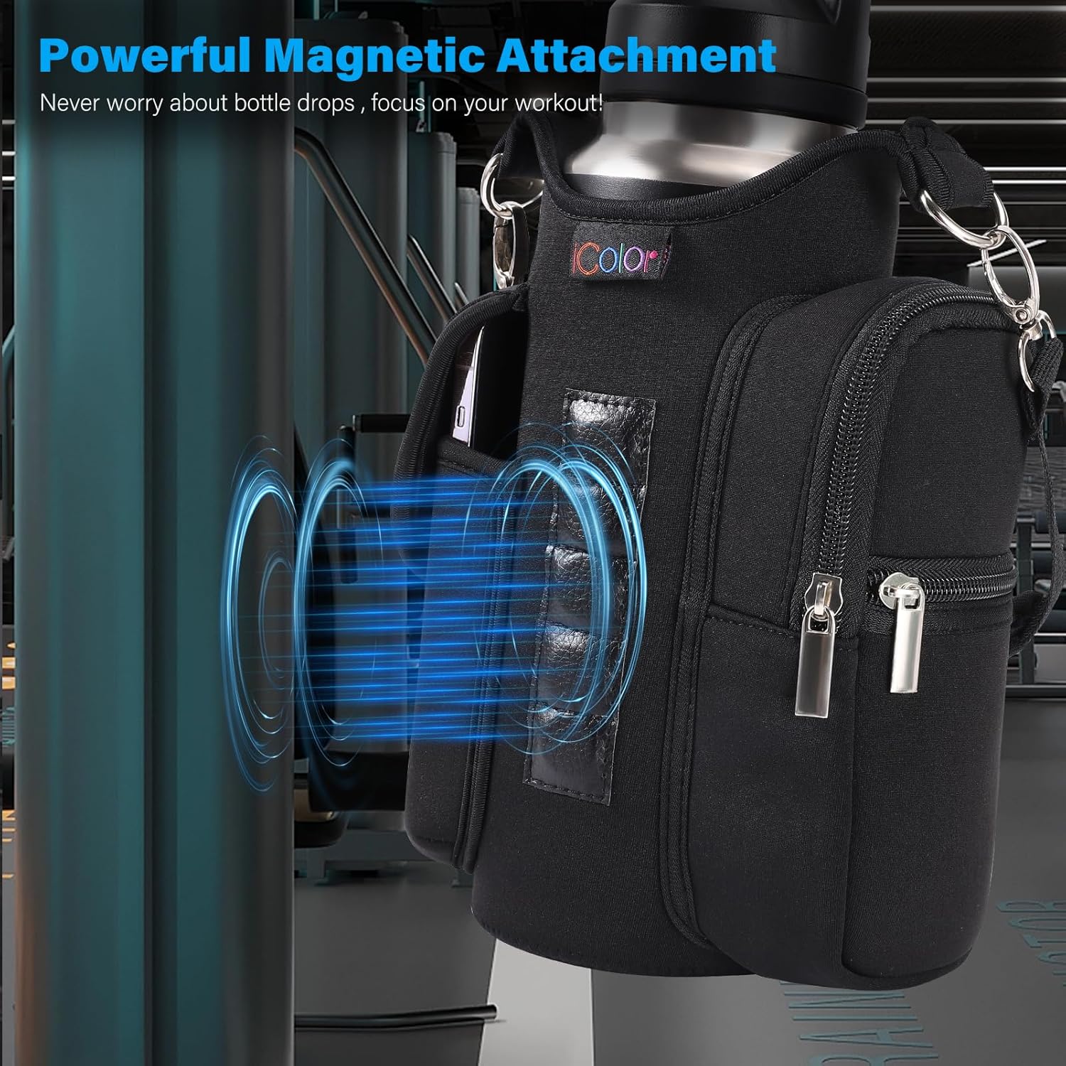 icolor Magnetic Health club Bag Water Bottle Provider Holder with Telephone Pockets & Shoulder Strap,Health club Magnetic Bag 5 Constructed-in Magnets Health club Equipment Organizer Sling Bottle Bag Pouch Sleeve - Image 2
