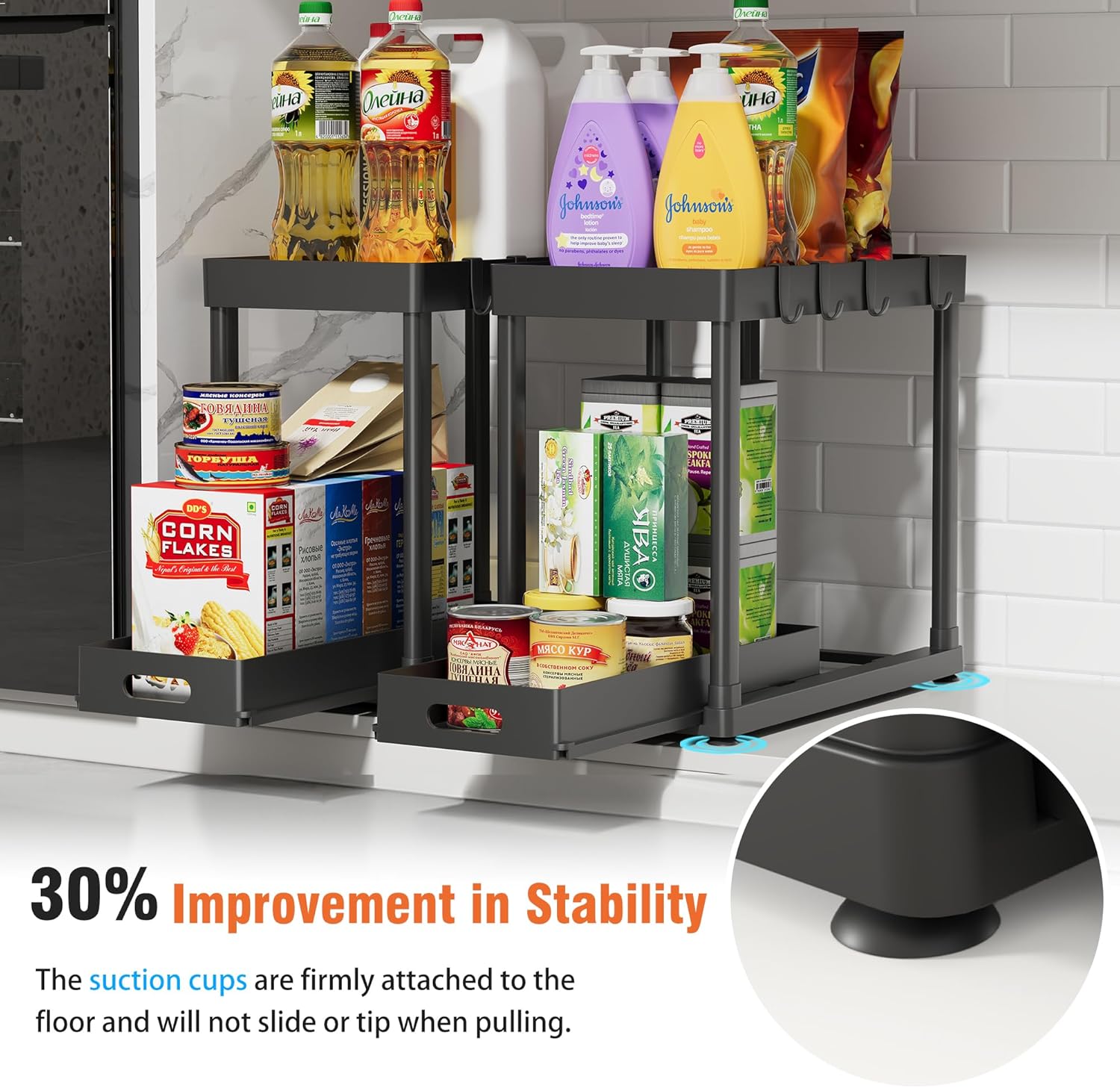 2 Pack Pull-Out Storage Organizers, Underneath Sink Organizer and Storage for Toilet & Kitchen,Multi-Objective Underneath Cupboard Organizers and storage Black - Image 3