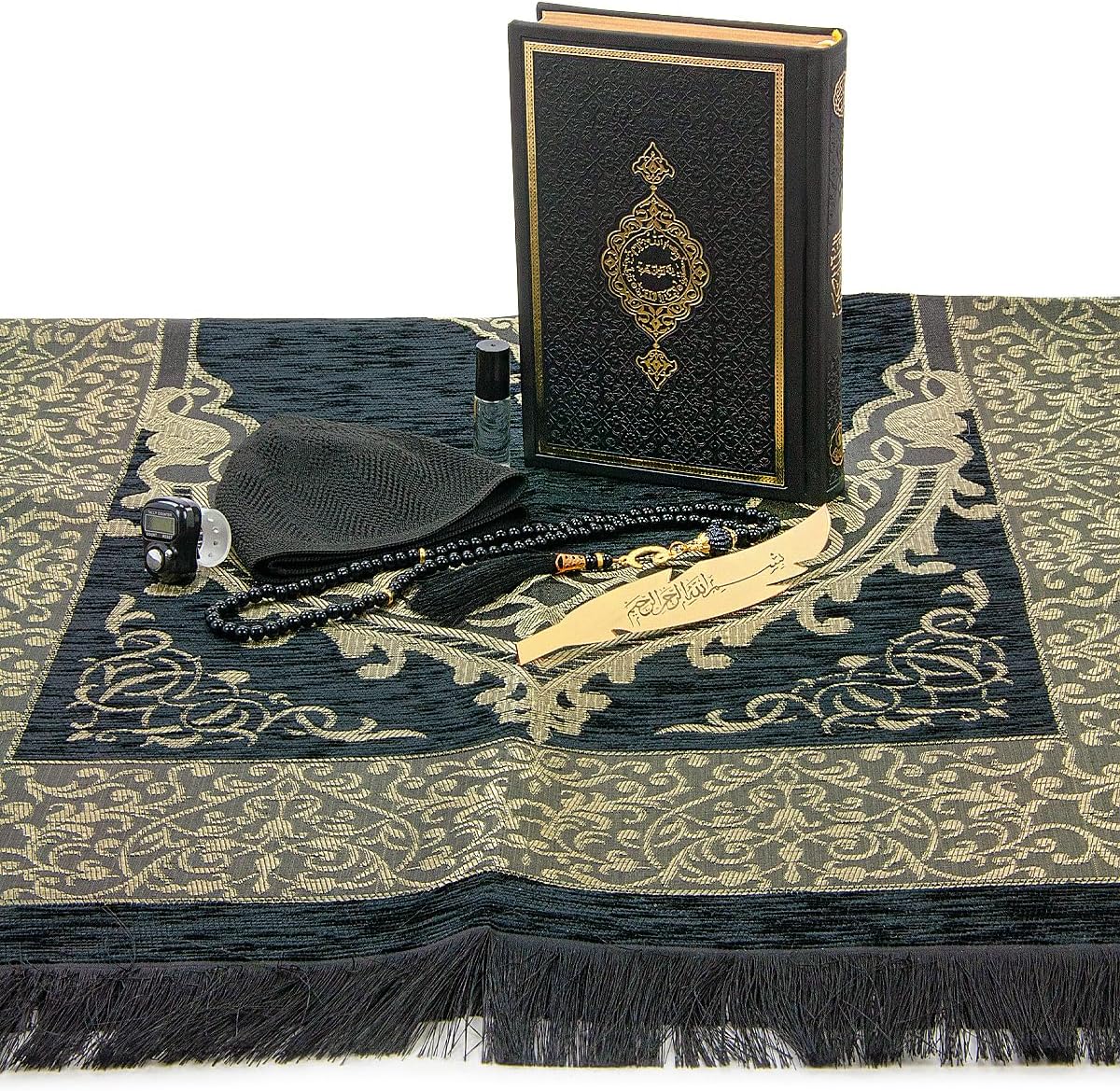 ihvan on-line, Muslim Prayer Rug Set, Arabic Quran, Prayer Beads, Mens Kufi Hat, Tasbeeh Counter, Islamic Scent, Dowry Reward Field for Males & Girls, Janamaz, Salah Mat Presents Set Marriage ceremony, Ramadan, Black - Image 5