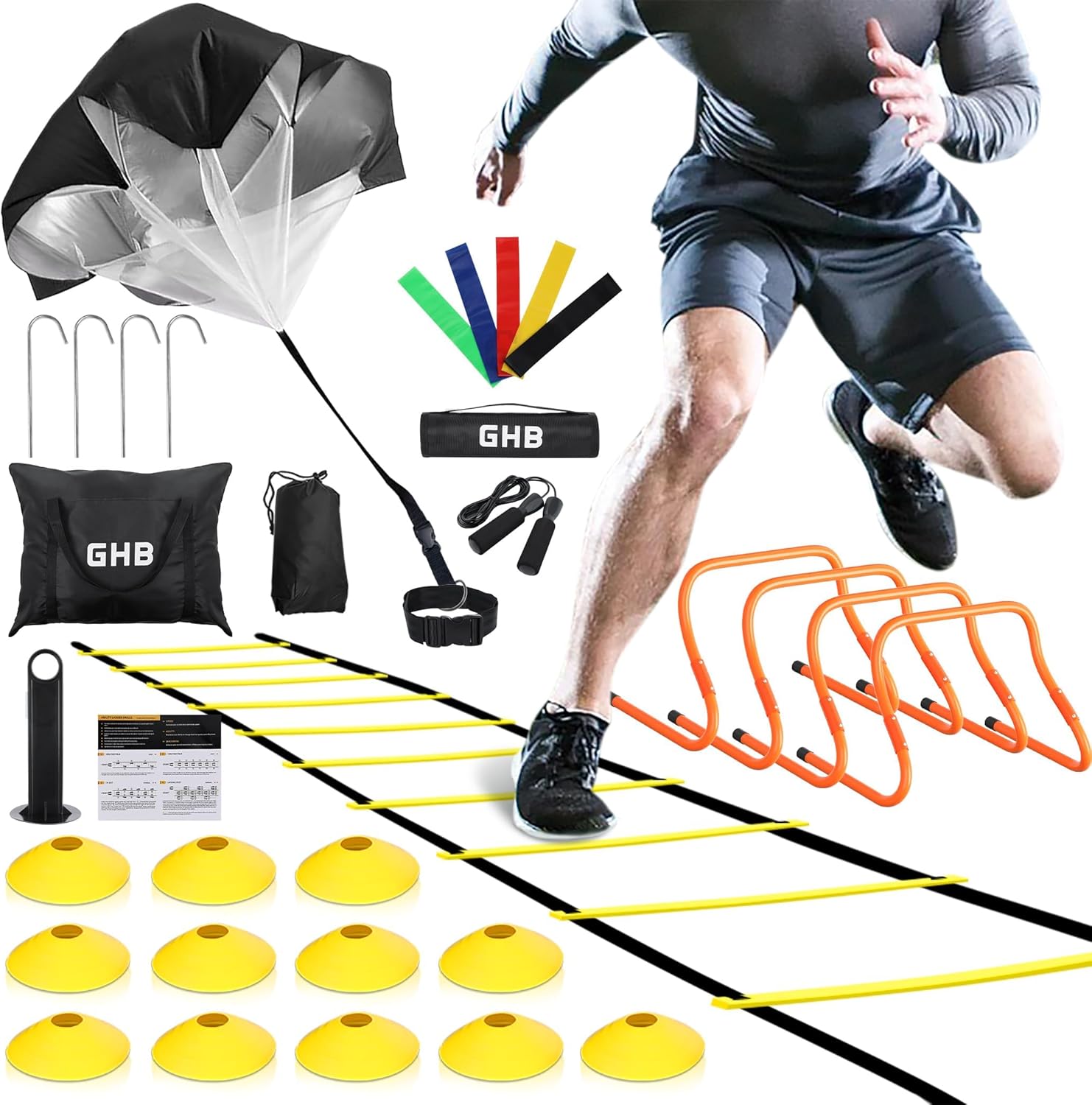 GHB Agility Ladder,Soccer Coaching Tools Set,4 Agility Hurdles, 20 feet12 Rungs Velocity Ladder,12 Disc Cones,Resistance Parachute, Leap Rope, 5 Resistance Bands