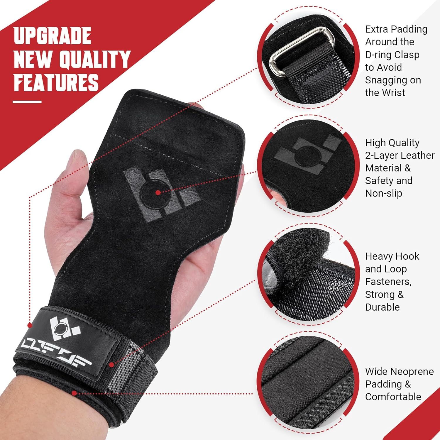 COFOF Weight Lifting Wrist Strap, Double Layer Leather-based Wrist Strap for Deadlift and Powerlifting, Adjustable Neoprene Padded Gymnasium Exercise Lifting Hooks (Pair) - Image 2