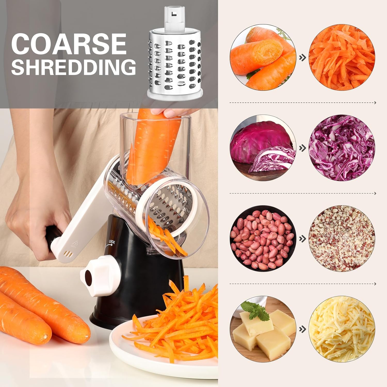 Cambom Rotary Cheese Grater Hand Crank Cheese Shredder for Contemporary Cheese, Vegetable, Nuts,Non-slip Suction Base, Free Cleansing Brush Three Blades, Black - Image 2