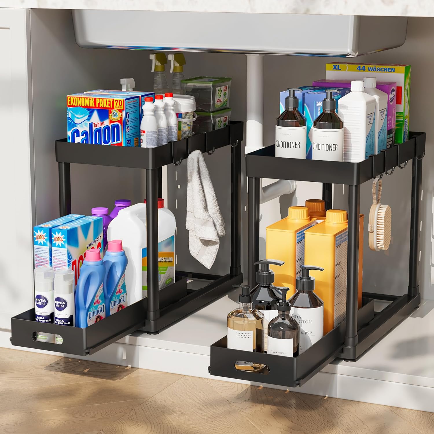 2 Pack Pull-Out Storage Organizers, Underneath Sink Organizer and Storage for Toilet & Kitchen,Multi-Objective Underneath Cupboard Organizers and storage Black