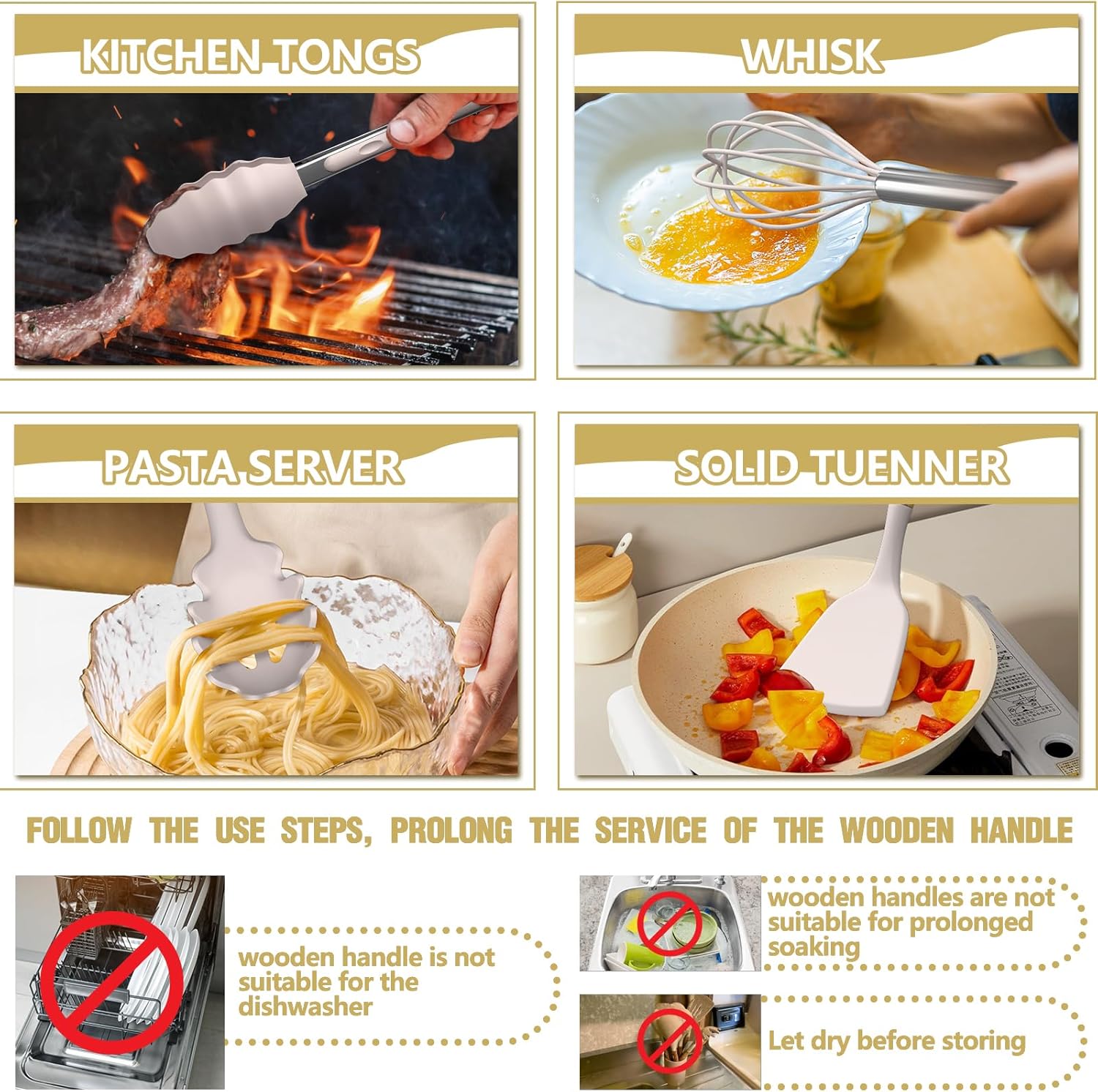 Cooking Utensils Set- Umite Chef Khaki Silicone Kitchen Utensils Set, 34PCS Warmth Resistant Kitchen Devices Instruments Set with Grater, Picket Deal with Kitchen Spatula Set for Nonstick Cookware - Image 5