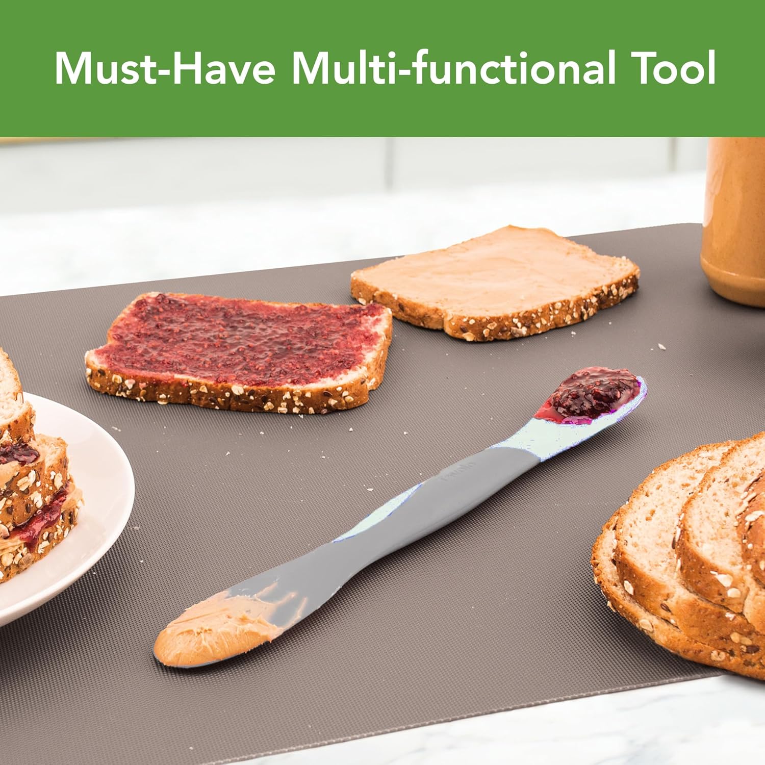 Tovolo Scoop and Unfold Giant Twin Finish Silicone Sandwich Spreader Instrument with Nylon Deal with, BPA Free Dishwasher Secure Silicone and Nylon Instrument for Spreading and Scooping, Blue Haze and Oyster Grey - Image 2