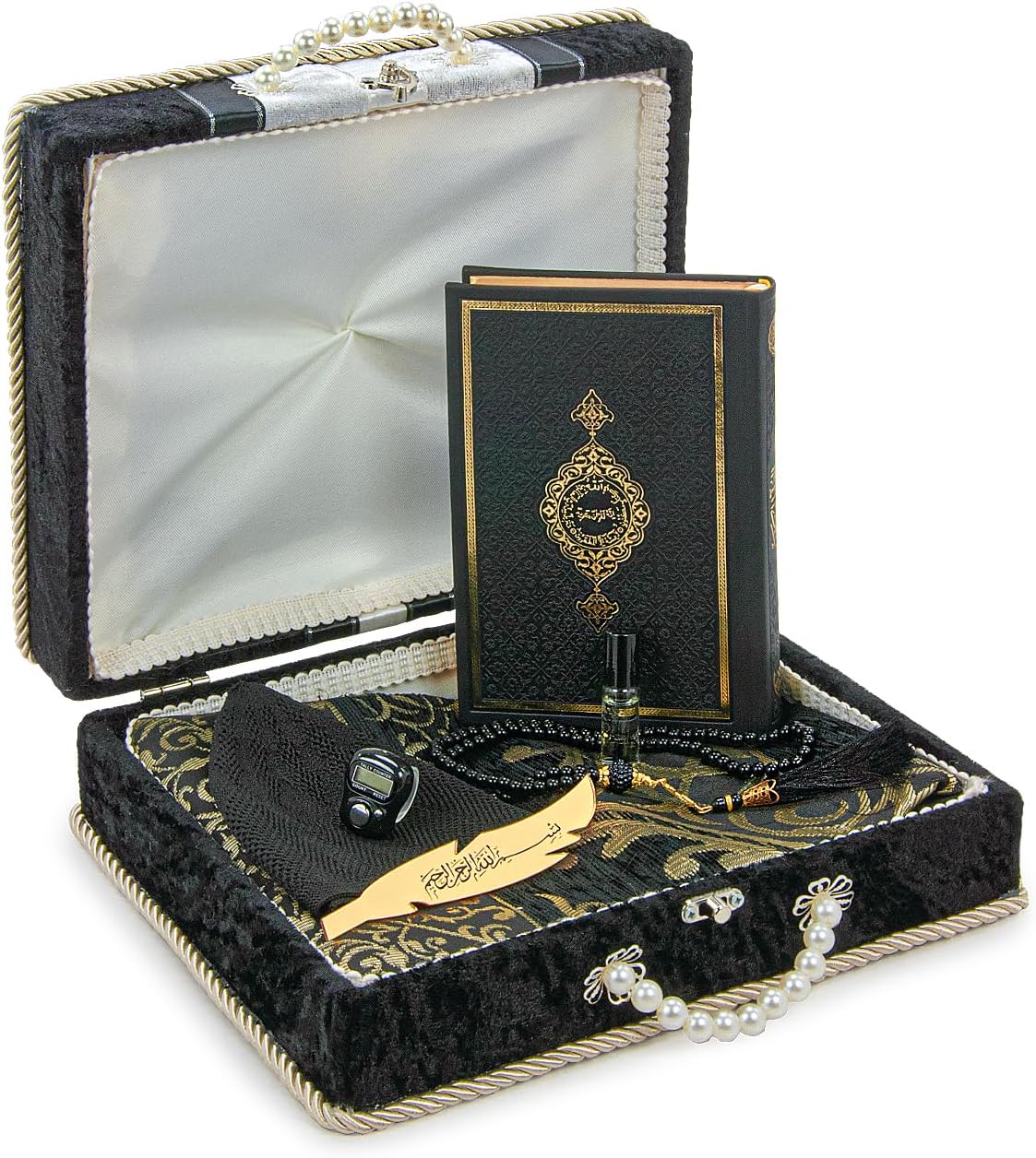 ihvan on-line, Muslim Prayer Rug Set, Arabic Quran, Prayer Beads, Mens Kufi Hat, Tasbeeh Counter, Islamic Scent, Dowry Reward Field for Males & Girls, Janamaz, Salah Mat Presents Set Marriage ceremony, Ramadan, Black - Image 6