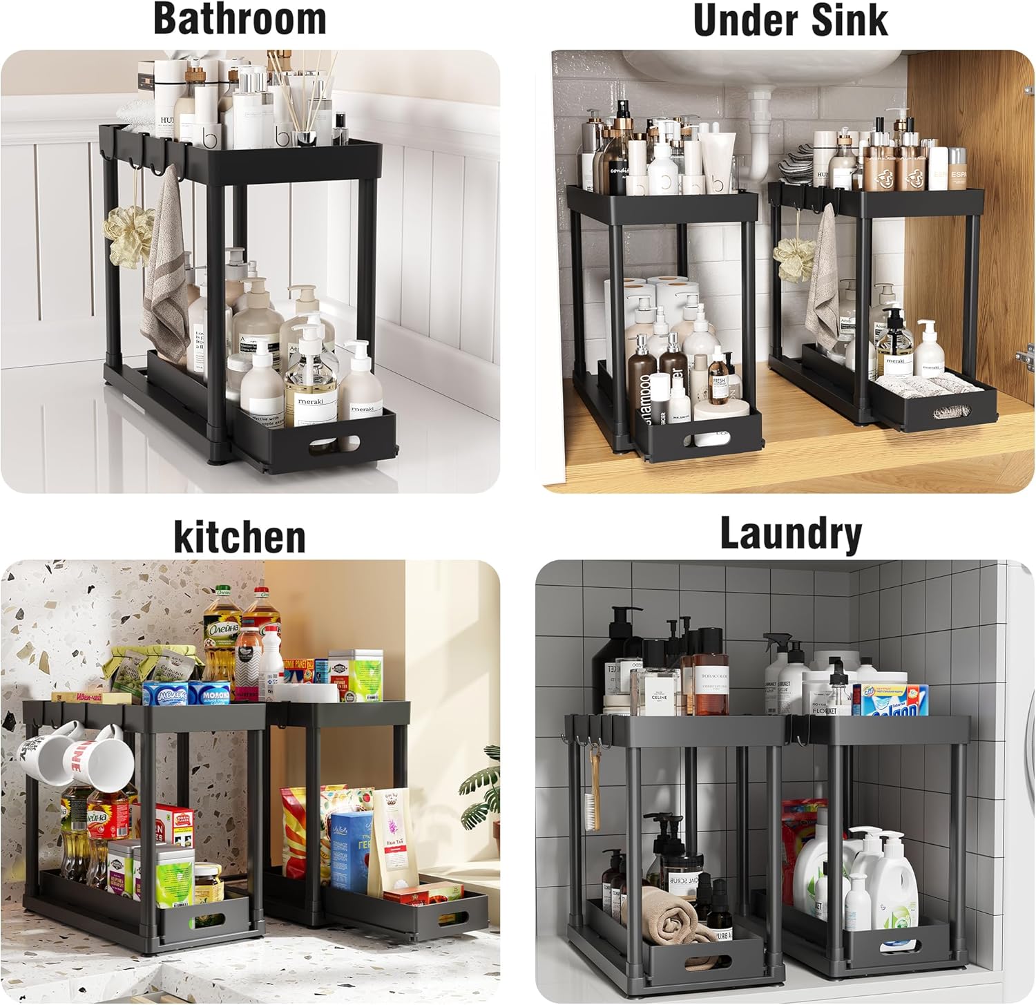 2 Pack Pull-Out Storage Organizers, Underneath Sink Organizer and Storage for Toilet & Kitchen,Multi-Objective Underneath Cupboard Organizers and storage Black - Image 6